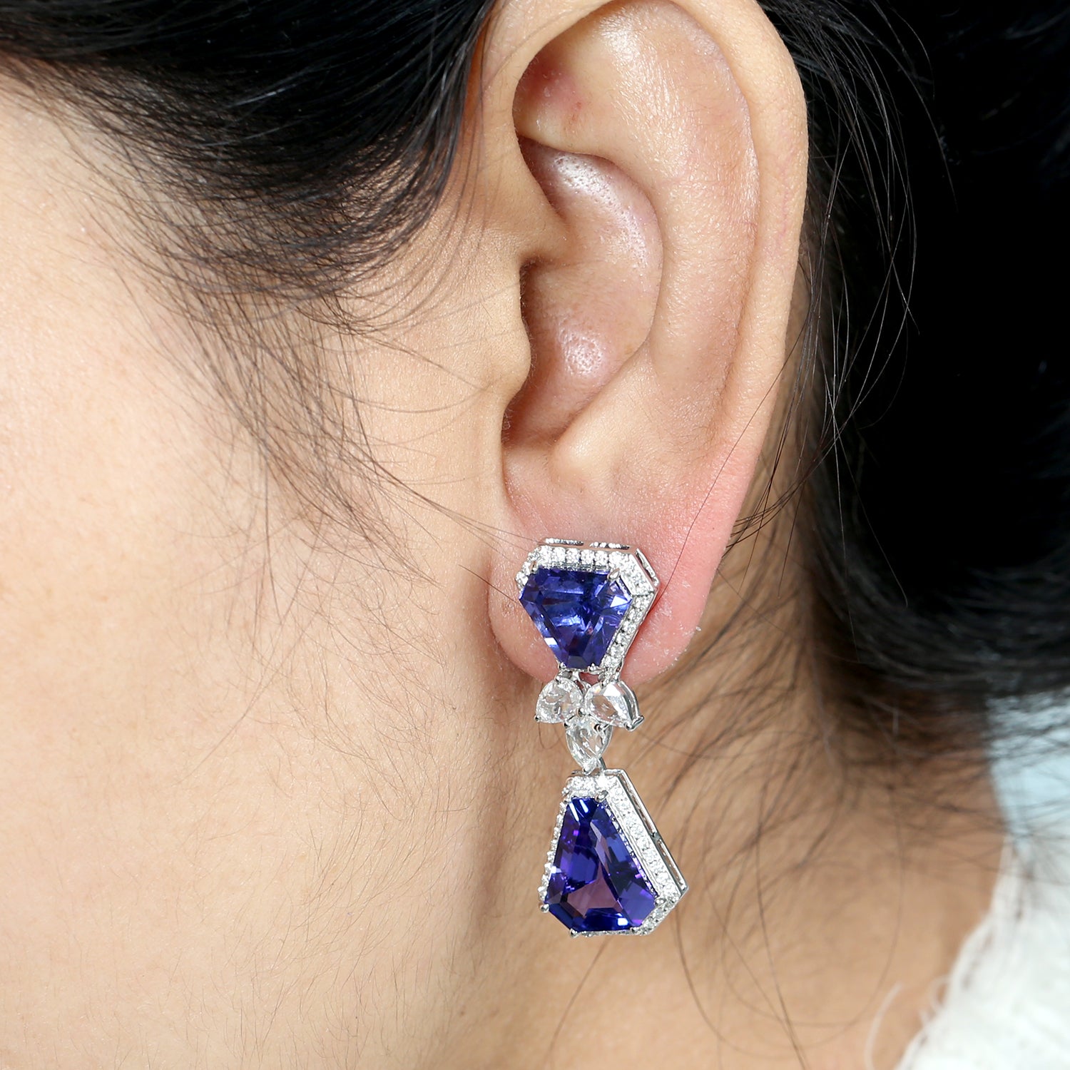 Hexagon Tanzanite Rose Cut Diamond Earrings in 18K White Gold - Elegant Dangle Earrings for Women | Perfect for Weddings, Parties & Special Occasions