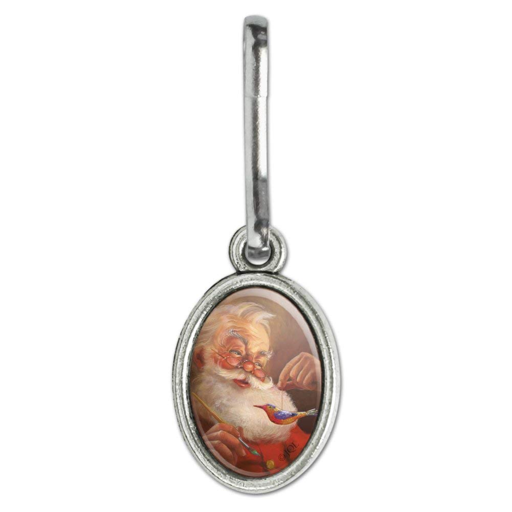 Vintage Santa Christmas Tree Painting Ornament - Antique Oval Charm for Holiday Decor, Clothing, Purses, Suitcases & Backpacks | Perfect Zipper Pull Accessory for Festive Gifts & Travel Essentials
