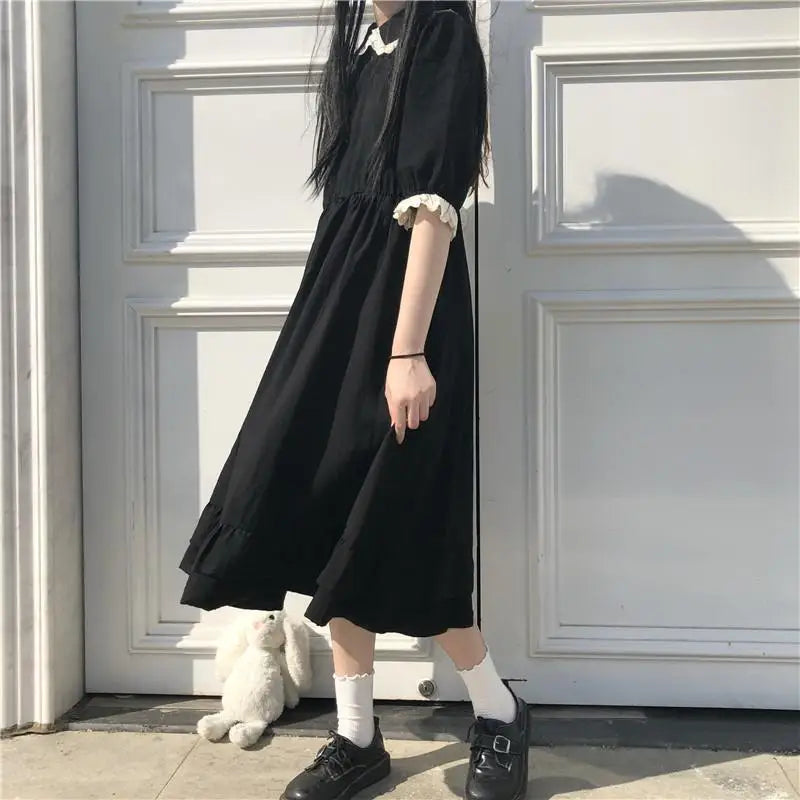 Autumn Black Kawaii Lolita Style Dress - Mori Girl Fairy Cute Lolita Peter Pan Collar Puff Sleeve Dress for Women | Gothic Fashion, Cosplay, Tea Party Outfit