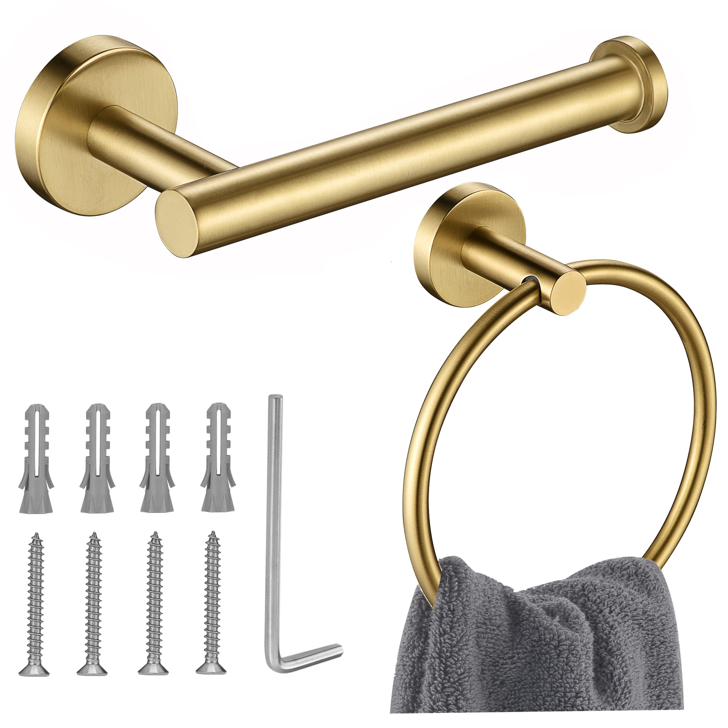 Premium Gold Toilet Paper Holder & Towel Ring Set - 2 Piece Bathroom Hardware Accessories in SUS304 Stainless Steel - Wall Mounted Hand Towel Holder for Bathroom Decor - Durable & Rustproof for Modern Homes, Apartments & Luxury Hotels