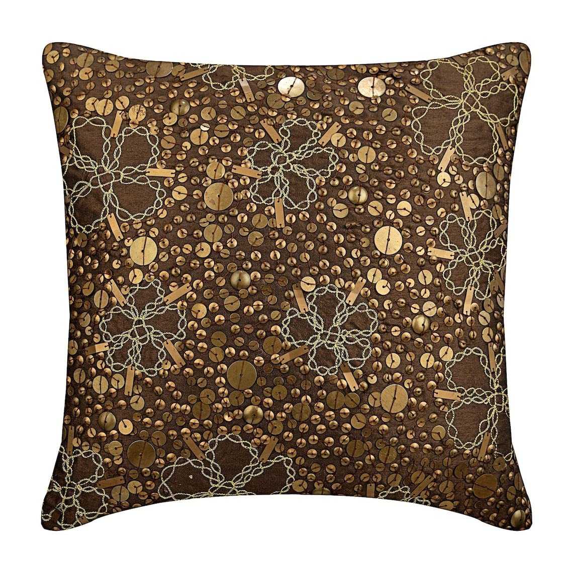 Luxury 26x26 Inch Silk Euro Pillow Covers - Brown Floral Decorative Sham with Metal Sequins for Bedroom & Living Room Decor | HomeCentric Contemporary European Style Pillowcase (65x65 cm)