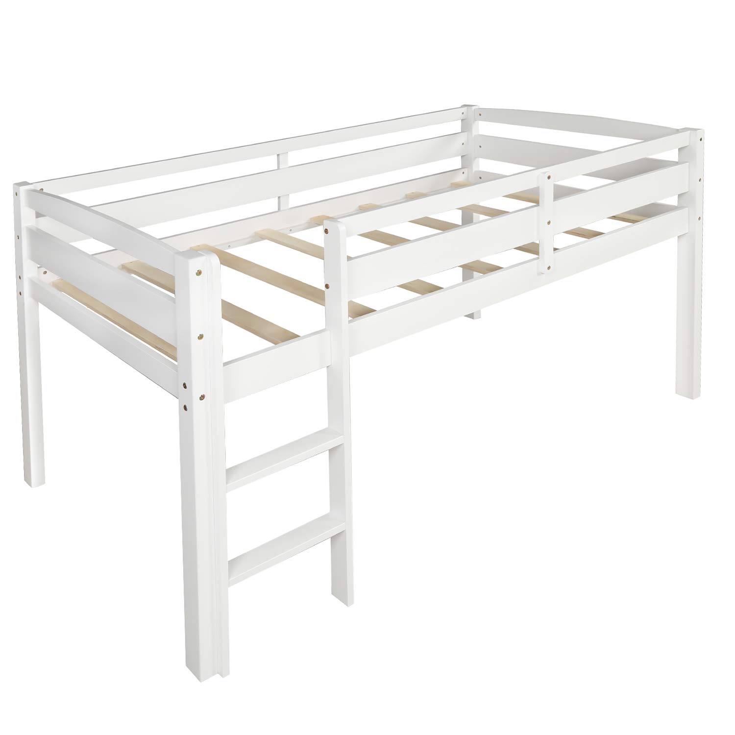 P PURLOVE Twin Size Wooden Loft Bed with Ladder - Low Profile Kids Bunk Bed, No Box Spring Needed - Perfect for Small Bedrooms, Dorm Rooms & Kids' Sleepovers