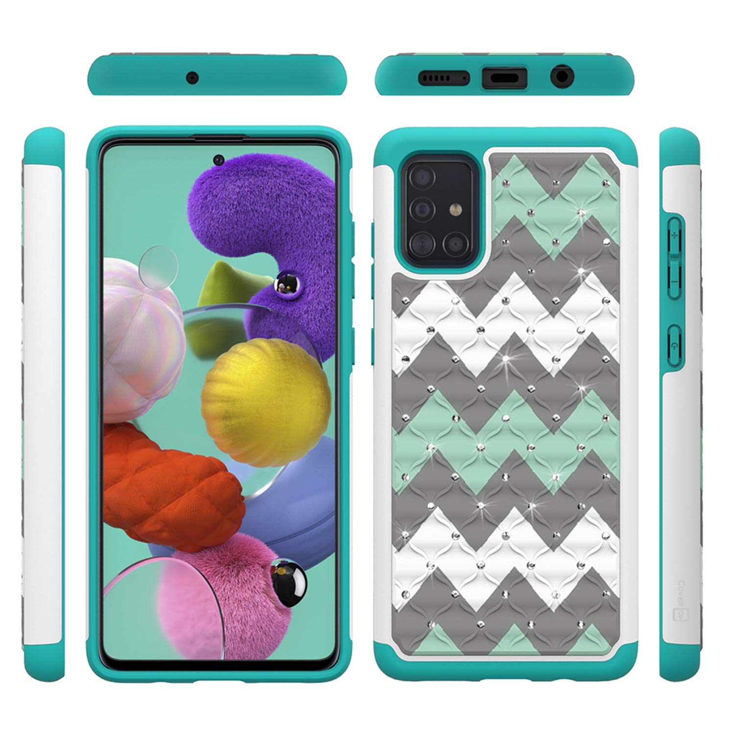 Sparkle Rhinestone Dual Layer Shockproof Case for Samsung Galaxy A71 - Bling Hybrid Protective Cover with Teal Chevron Design | Perfect for Parties, Night Out & Fashion Accessories