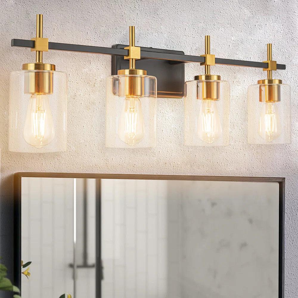 Jasper Black & Gold Clear Glass 4-Light Bathroom Vanity Light Fixture - Modern Lighting for Bathroom, Powder Room & Dressing Area