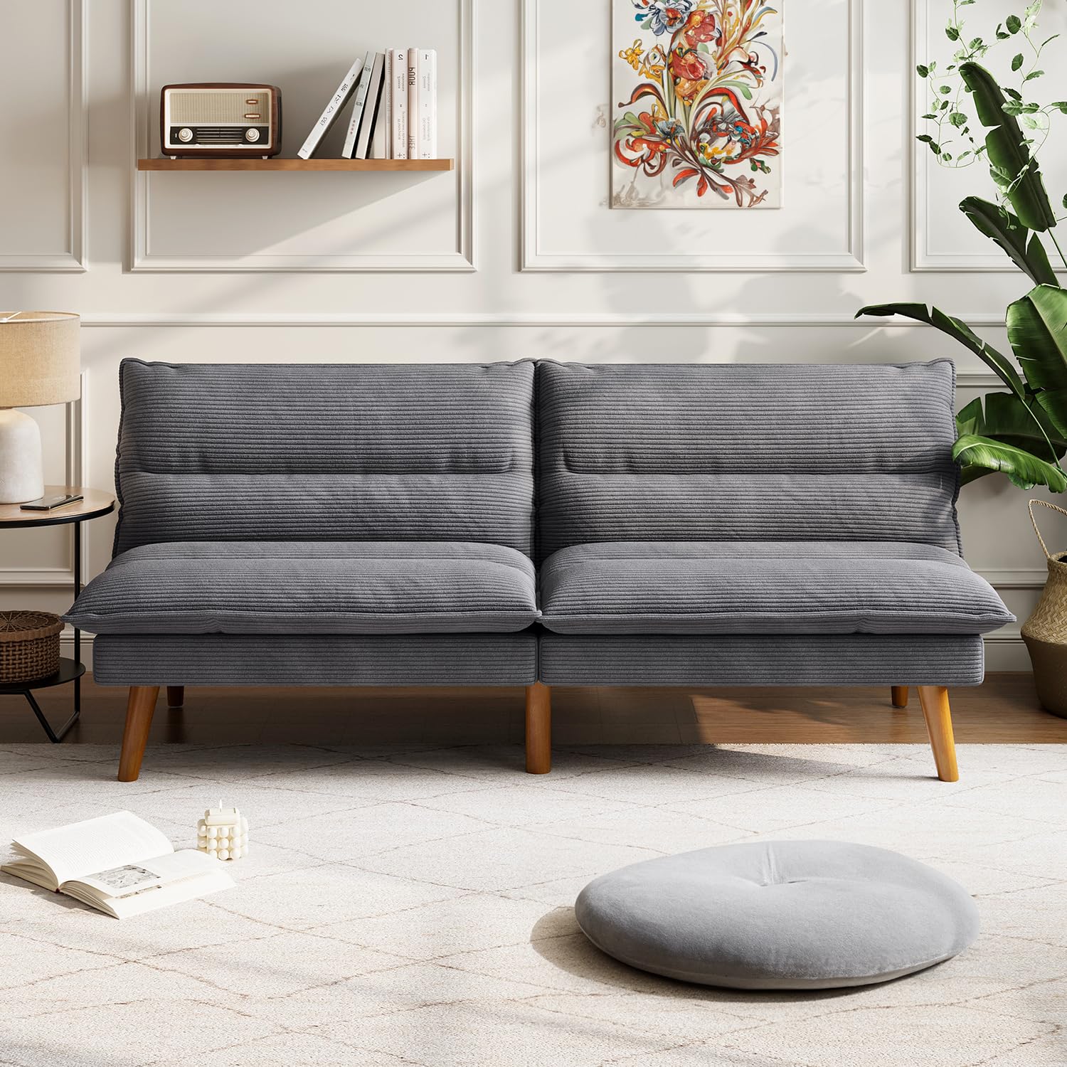 LINSY Adjustable Backrest Corduroy Futon Sofa Bed - Convertible Folding Sleeper Couch for Small Spaces, Living Room, Apartment & Office (Dark Grey) | Perfect for Guest Beds, Studio Apartments and Multi-Functional Furniture Needs