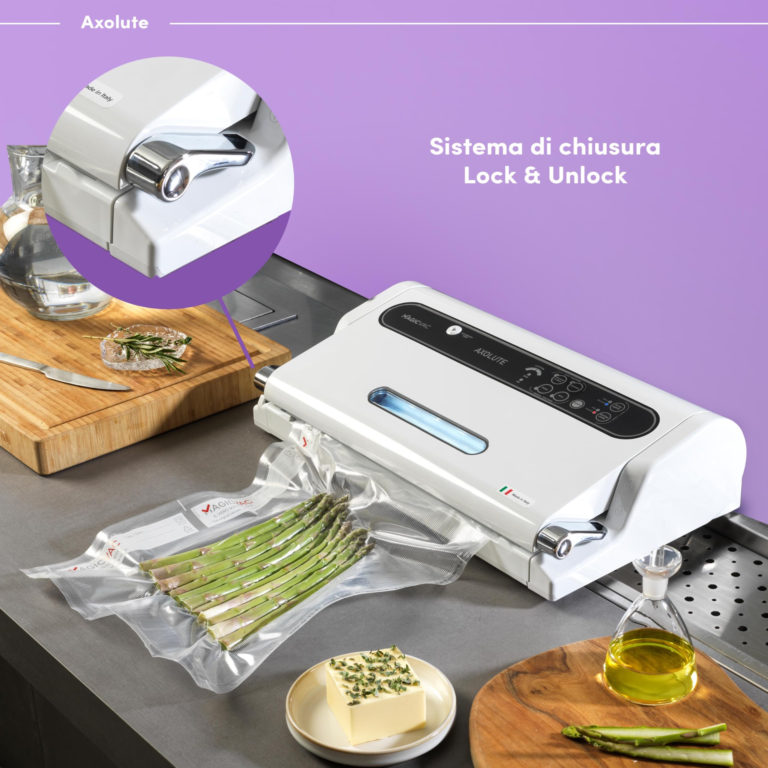 Professional Food Vacuum Sealer Machine - Axolute Magic Vac, Multi-Function Vacuum Sealer for Bags & Sous Vide Cooking, Powerful Motor & Complete Kit, Patented, Made in Italy (White) - Perfect for Home Kitchens, Meal Prep & Food Preservation