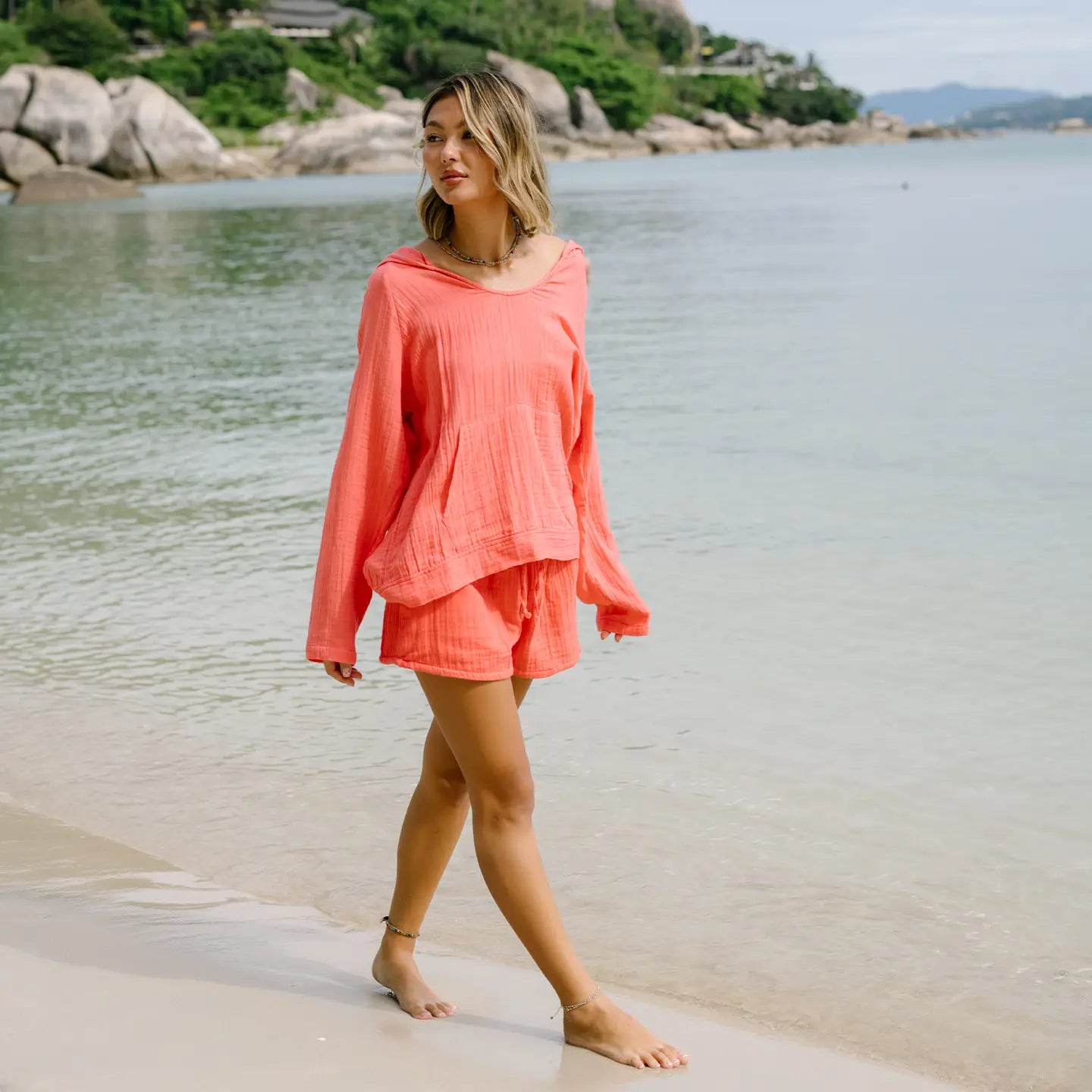 Bright Coral Cotton Cabana Shorts for Women - Comfortable Beachwear & Lounge Pants for Summer Vacation, Poolside Relaxation & Tropical Getaways