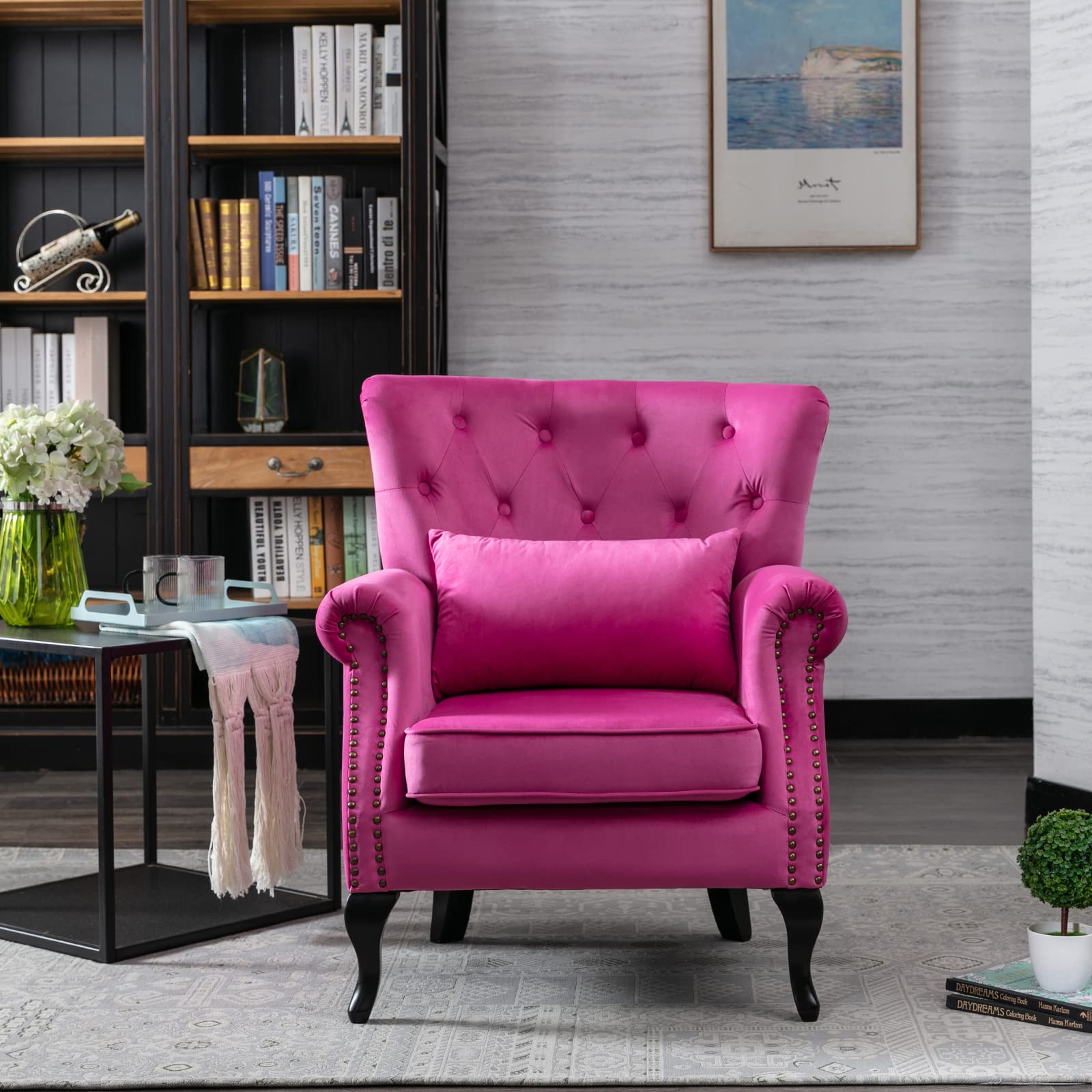 Mid-Century Modern Accent Reading Arm Chairs Set of 2 - Velvet Rose Wingback Club Chairs with Button Tufted Back & Lumbar Pillow | Living Room, Bedroom, Study & Waiting Room Furniture | Comfy Corner Sofa Chairs for Relaxing & Reading