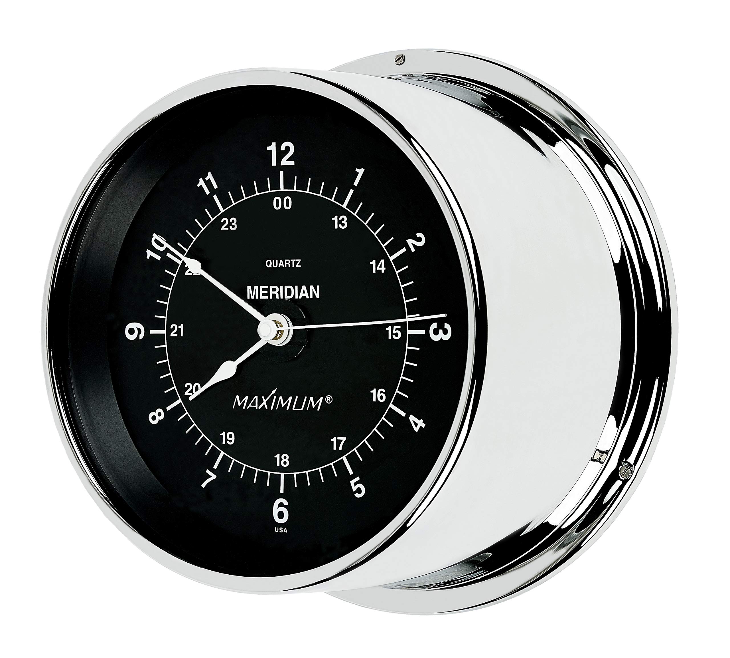 Maximum Meridian Accurate Time and Tide Clock – Chrome Case, Black Dial | Wall Clock for Home, Office & Marine Use | Perfect for Boating, Fishing & Coastal Decor