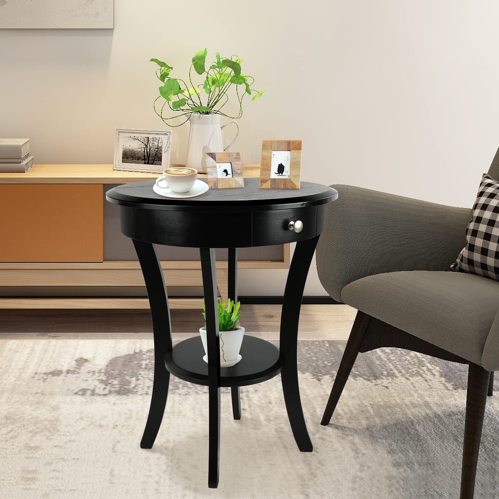 ECOMEX Round End Table with Drawer and Shelf - Solid Wood Side Table in Retro Country Classic Style - Perfect as Living Room Accent Table, Record Player Stand & Bedside Nightstand (Black)