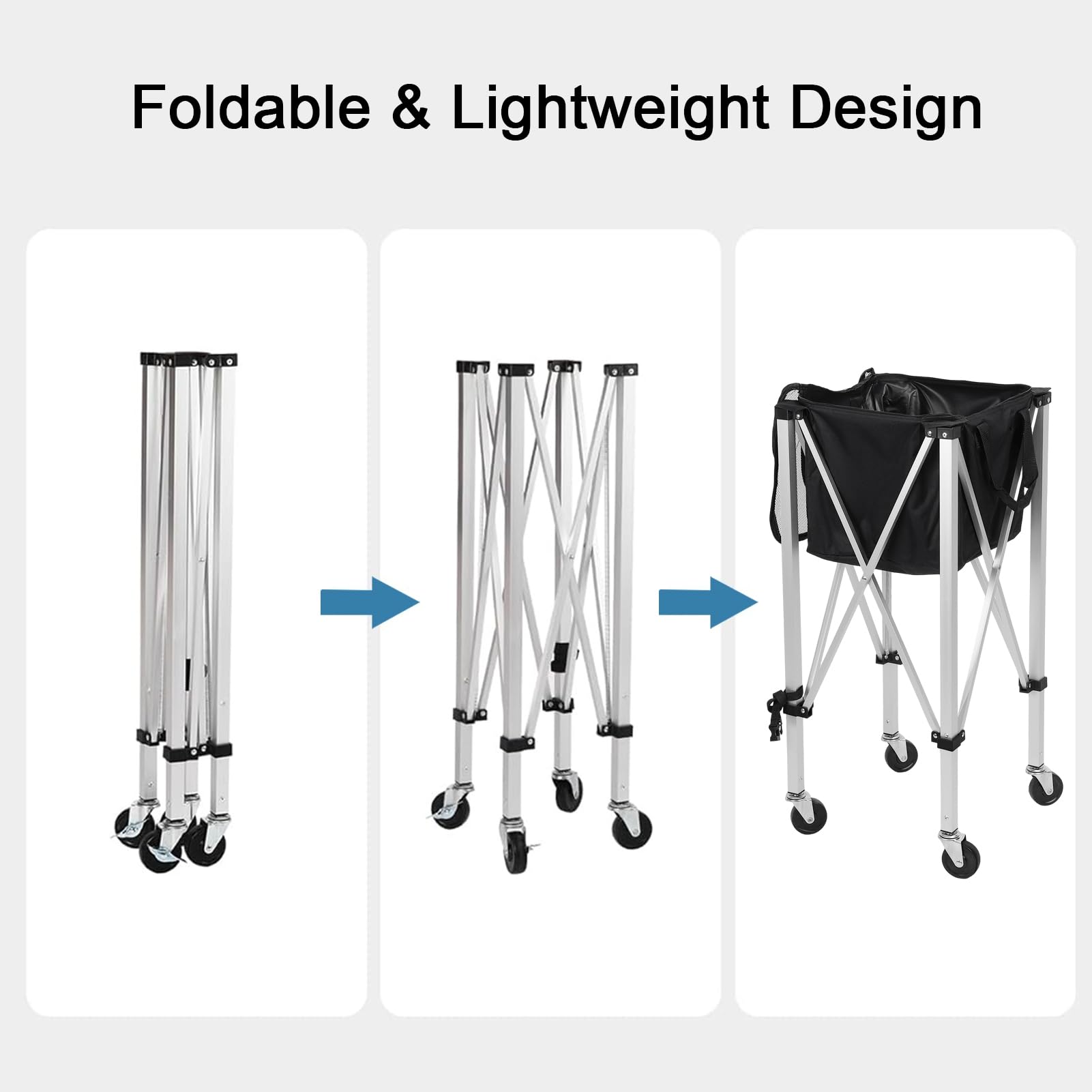 Foldable Tennis Ball Cart - Portable Tennis Ball Hopper with Wheels Holds 160 Balls | Lightweight Tennis Ball Carrier with Removable Bag & Side Pockets | Perfect for Tennis Practice, Coaching & Sports Training (1 Set)