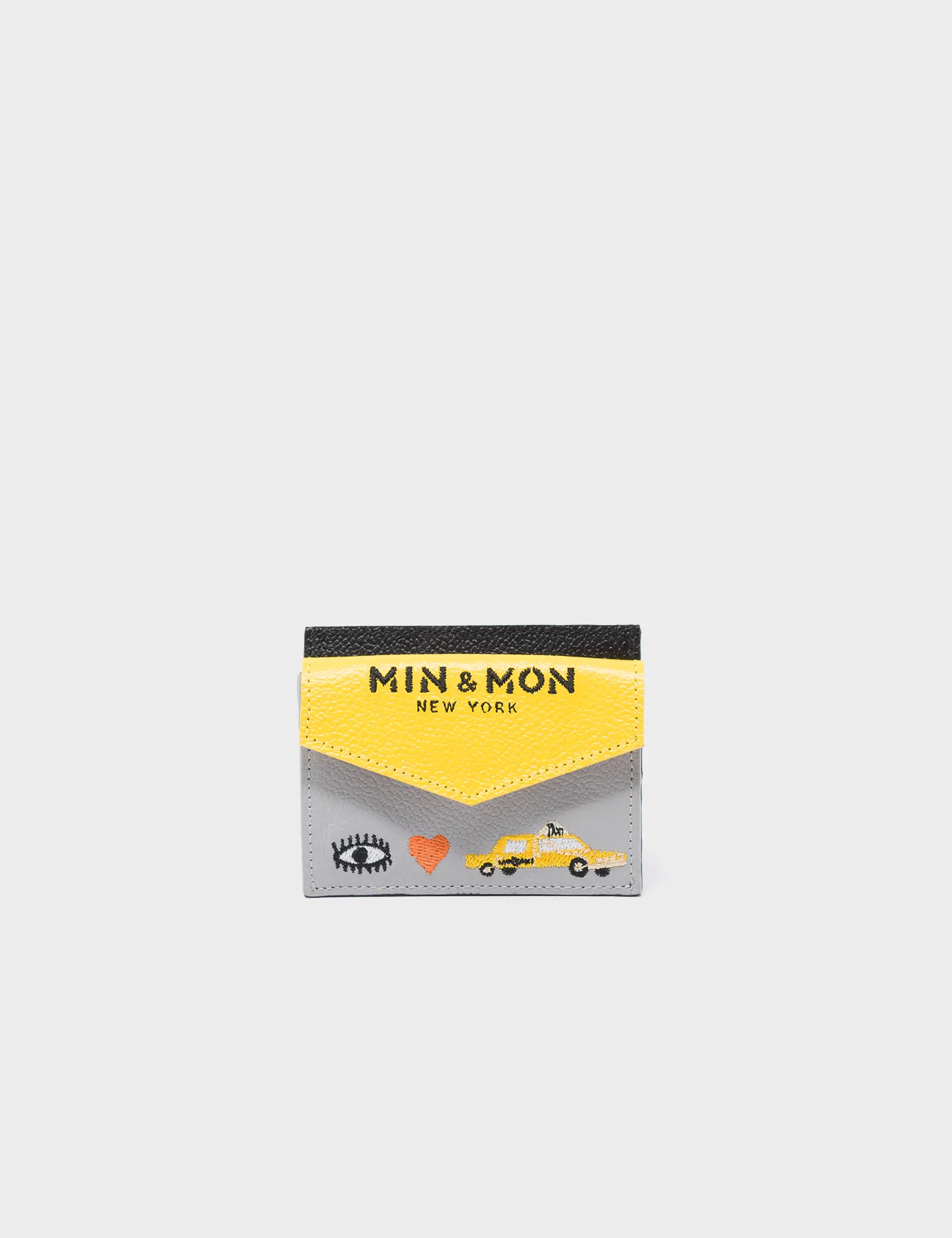 Felix Yellow and Gray Leather Cardholder with Eye Love New York Embroidery - Slim RFID Blocking Wallet for Men & Women | Perfect for Travel, Business Cards, and Everyday Use