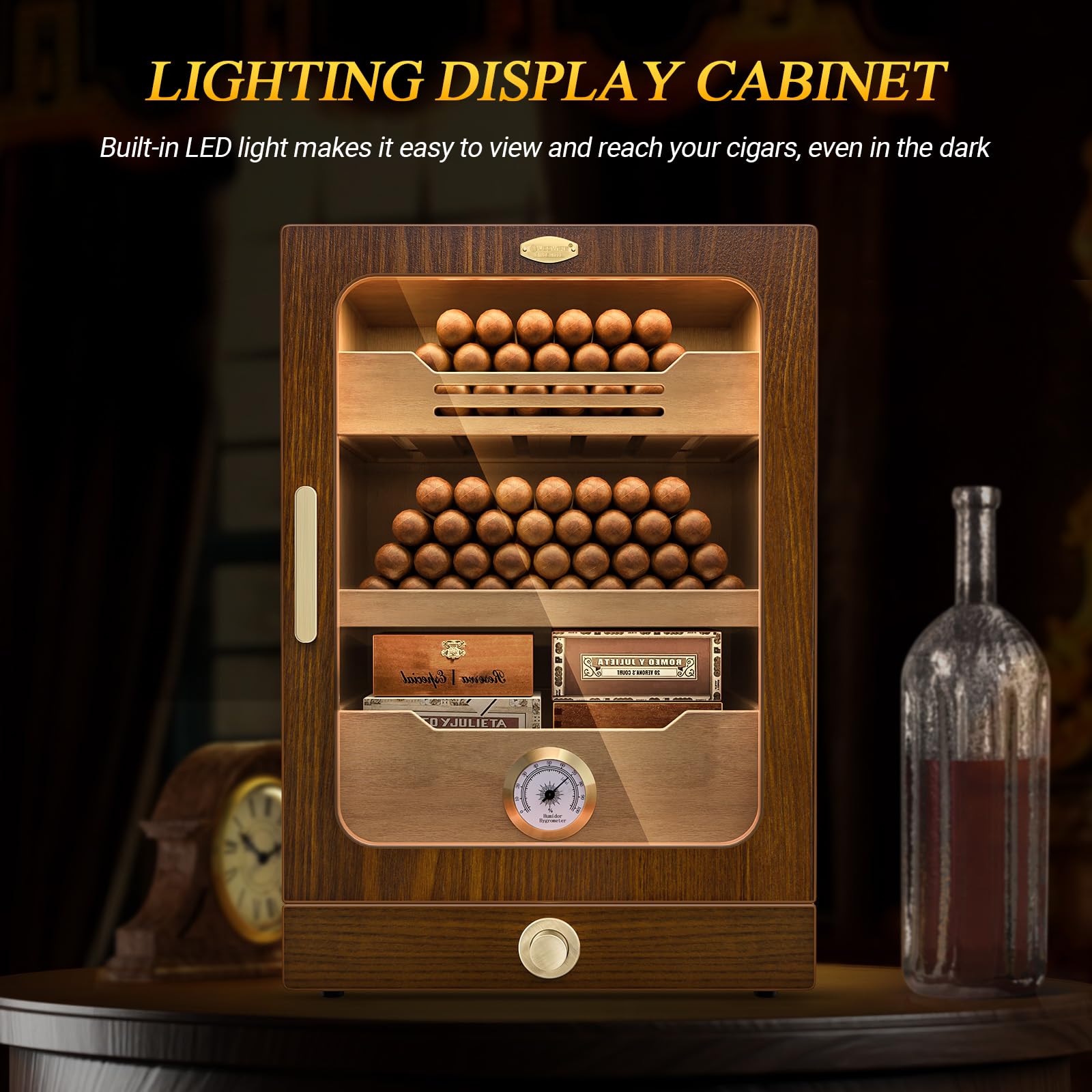 Premium Spanish Cedar Cigar Humidor Cabinet with LED Light & Hygrometer - 100-150 Cigar Capacity, Magnetic Door, 3+1 Large Drawers & 3 Humidifiers - Perfect for Home, Office, or as Luxury Gifts for Men (Whiskey & Cigar Enthusiasts)