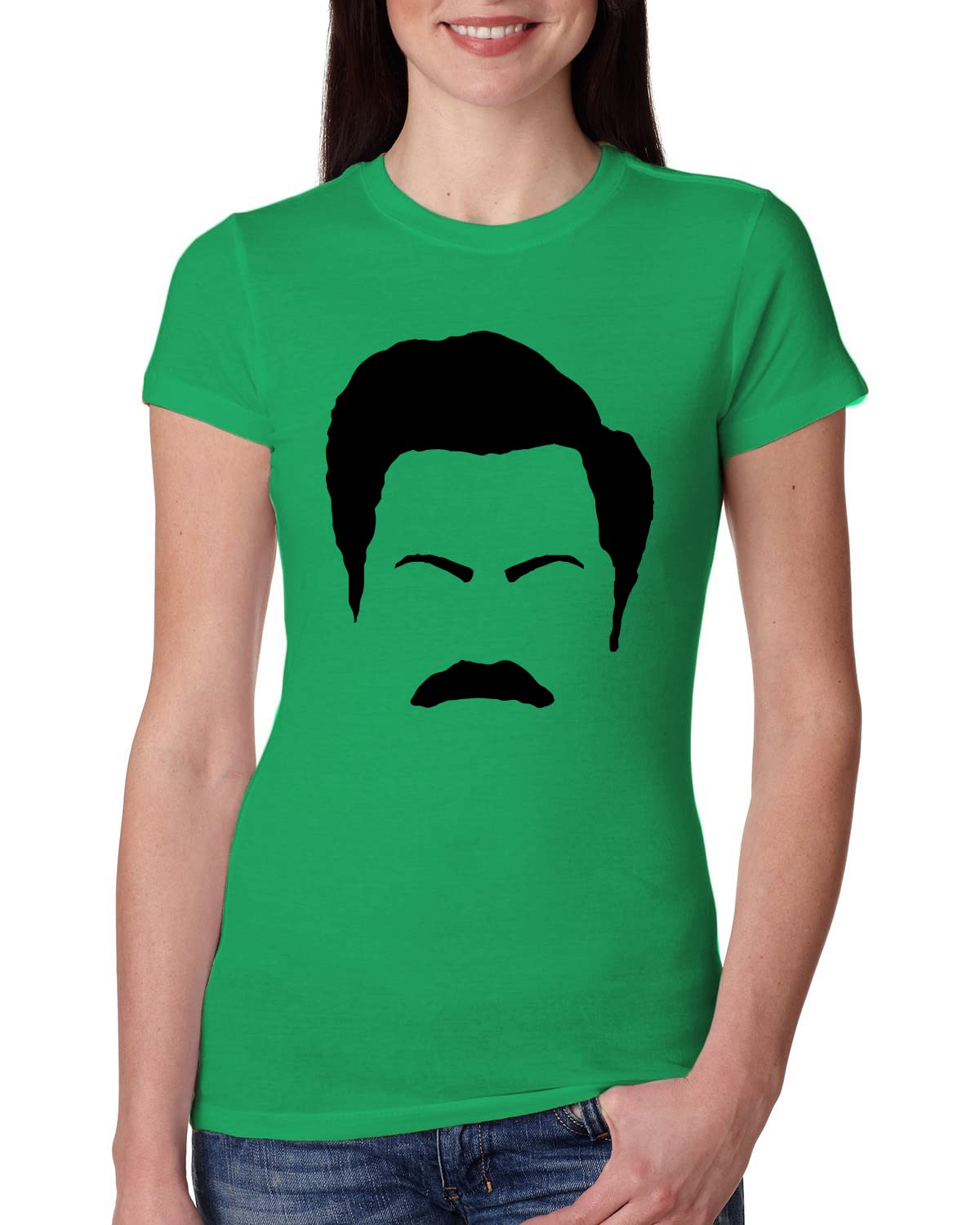 Ron Swanson Mustache Face Silhouette T-Shirt - Parks and Recreation Pop Culture Tee for Women | Slim Fit Junior Style | Perfect for TV Show Fans, Gifts & Casual Wear