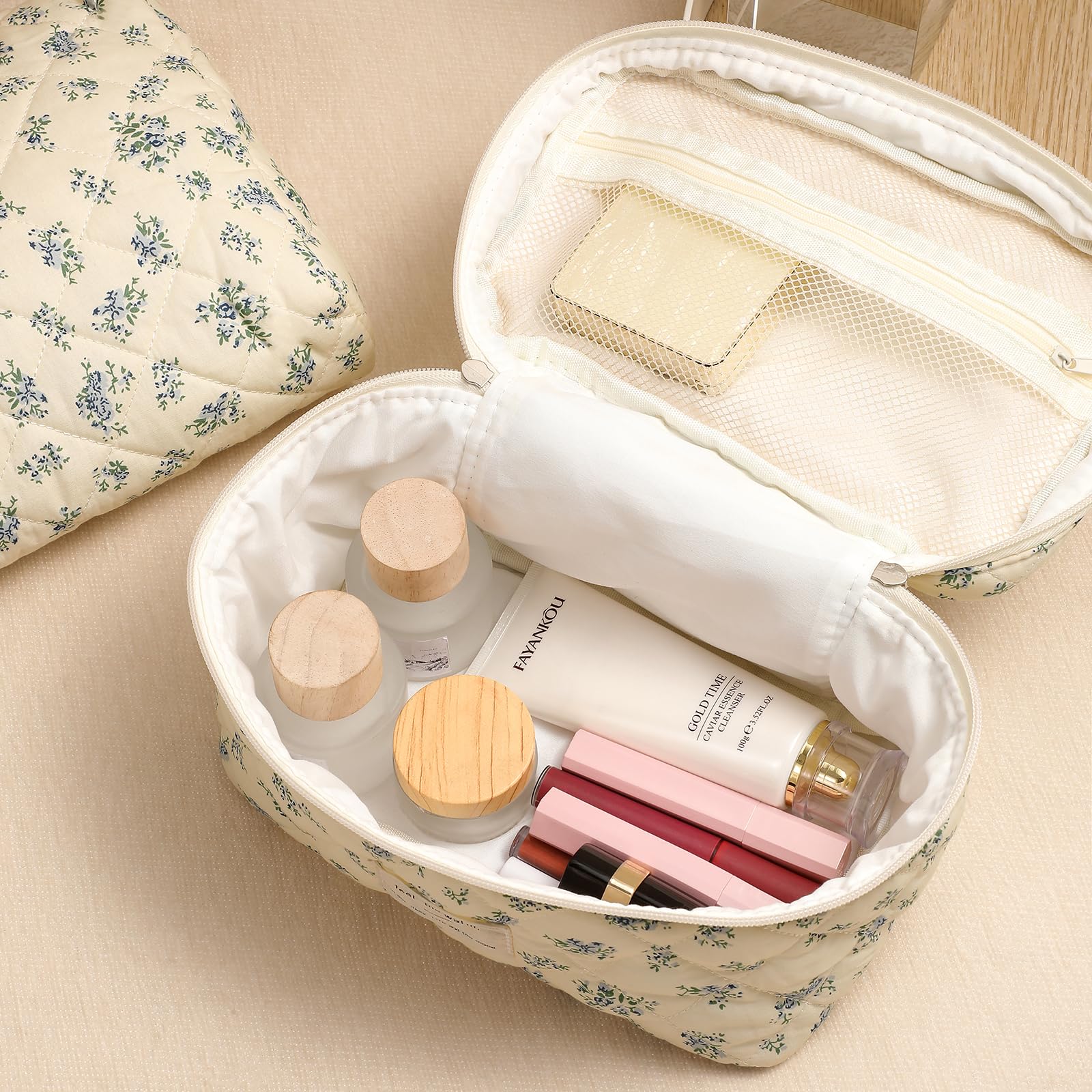 UEKEBOAG Large Quilted Makeup Bag for Women - Floral Coquette Cosmetic Travel Organizer, Cute Kawaii Toiletry Pouch (06 Light Pink) - Perfect for Travel, Gym & Daily Essentials Storage