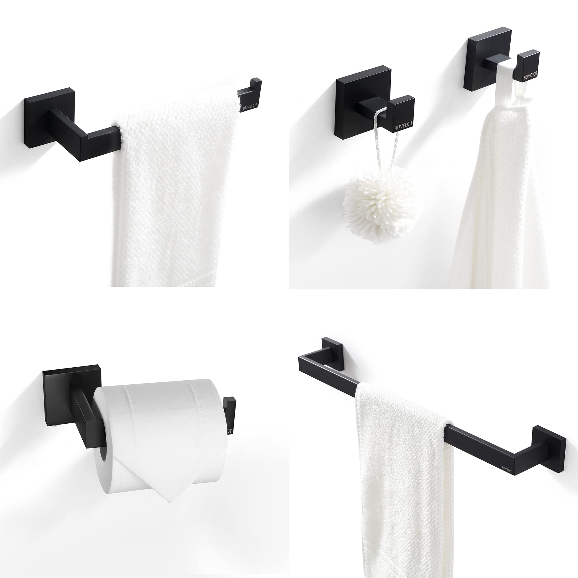 5-Piece Matte Black Bathroom Hardware Set - Towel Bar, Robe Hook, Toilet Paper Holder - Modern Wall-Mounted Bathroom Accessories for Home & Hotel Use