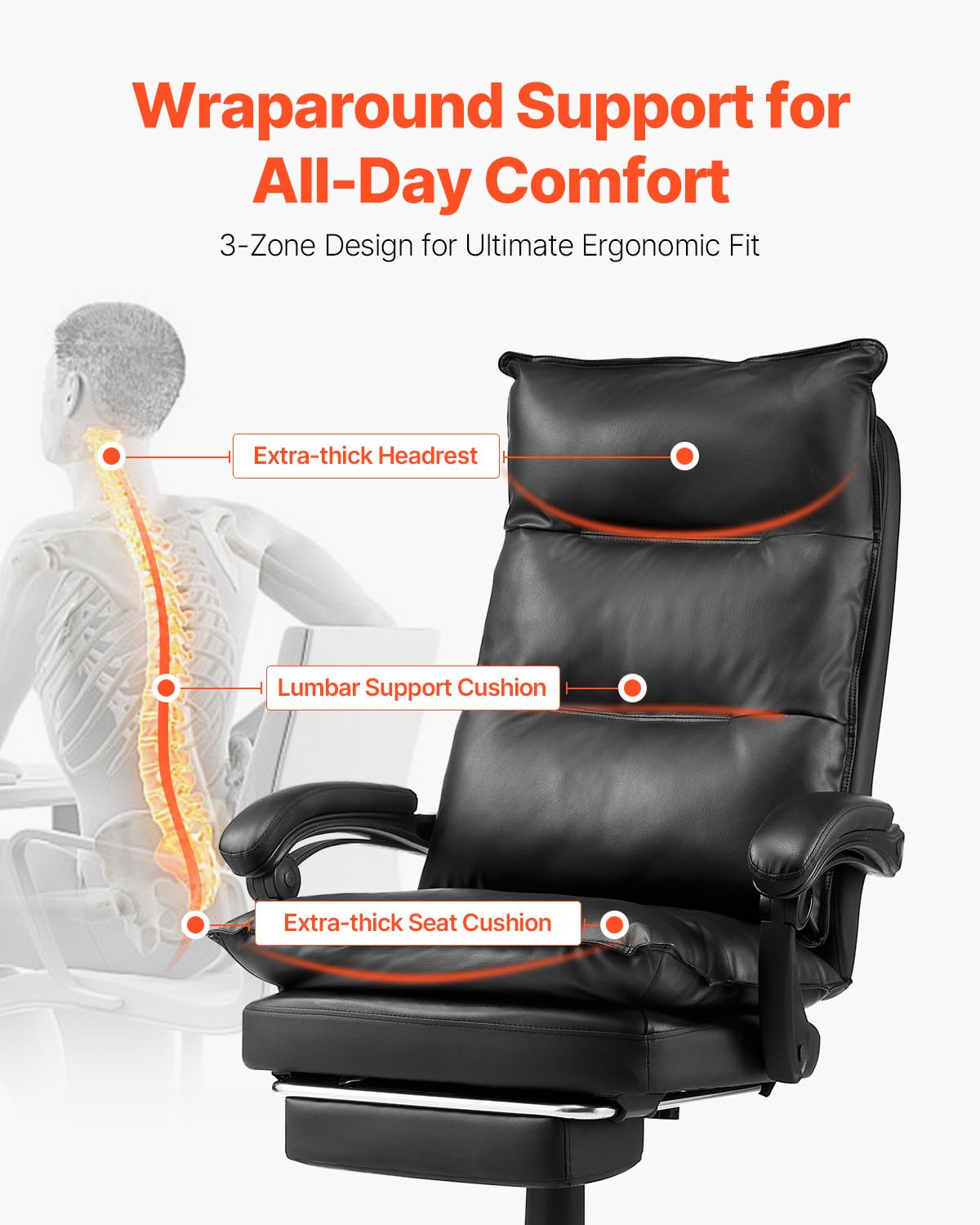VEVOR Executive Office Chair with Footrest - 400lb Capacity Ergonomic Desk Chair with Lumbar Support, Heavy Duty PU Leather Reclining Chair, Height Adjustable for Home & Office Workspaces - Perfect for Long Hours of Comfortable Sitting
