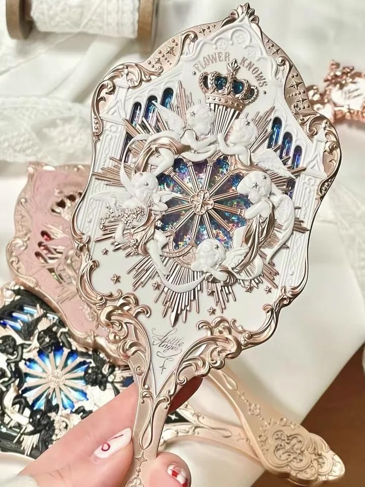 Flower Knows Violet Strawberry Rococo Series Hand Mirror - Portable Makeup Mirror with Handle for Travel, Home Vanity & Bridal Touch-Ups (Style A)