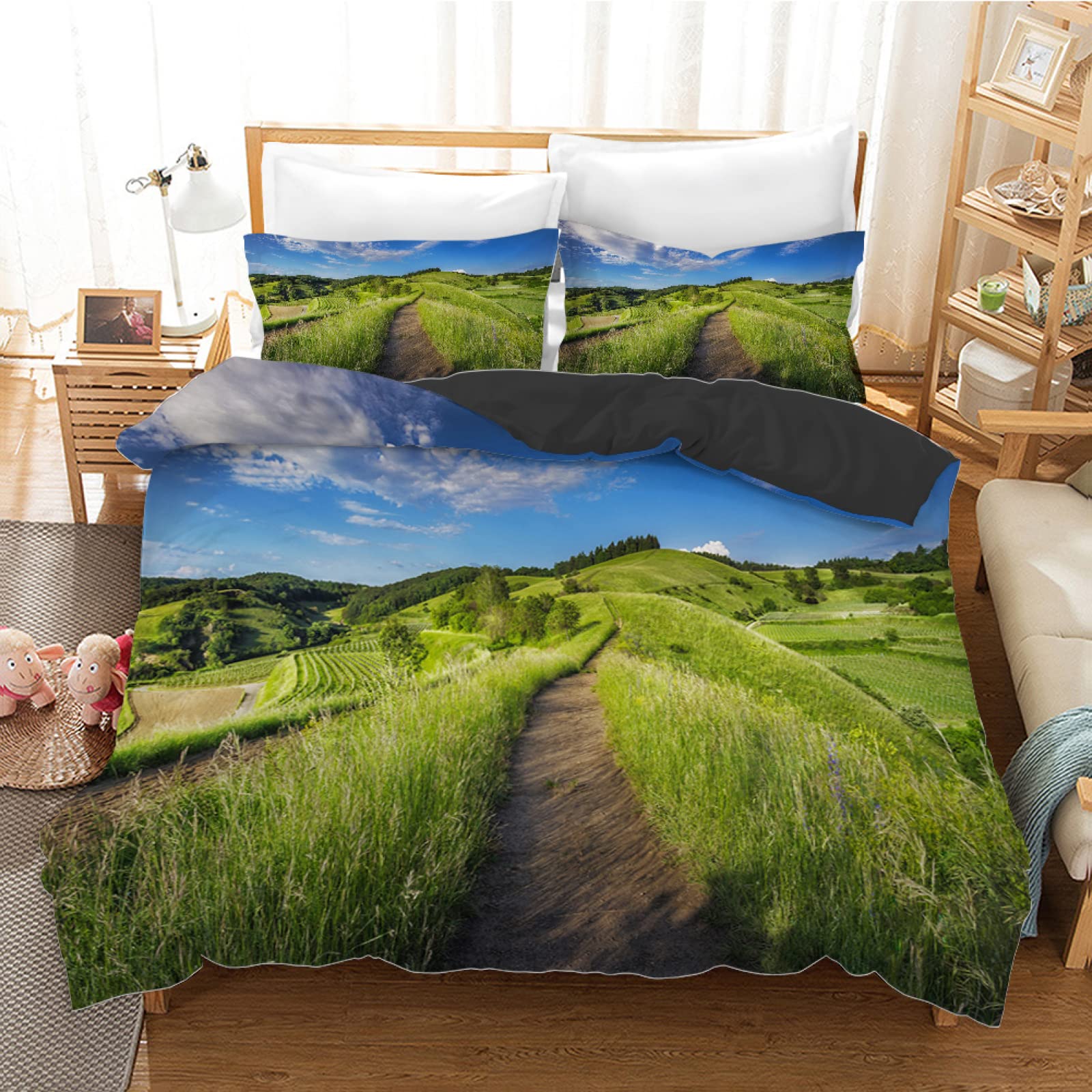 Premium King Size Comforter Set - 100g/㎡ Microfiber Bedding with 2 Pillow Shams (20x26) & Duvet Cover - Soft Green Road Design for Boys, Girls & Teens - Perfect for Bedroom Decor, Dorm Room Essentials & Cozy Home Styling