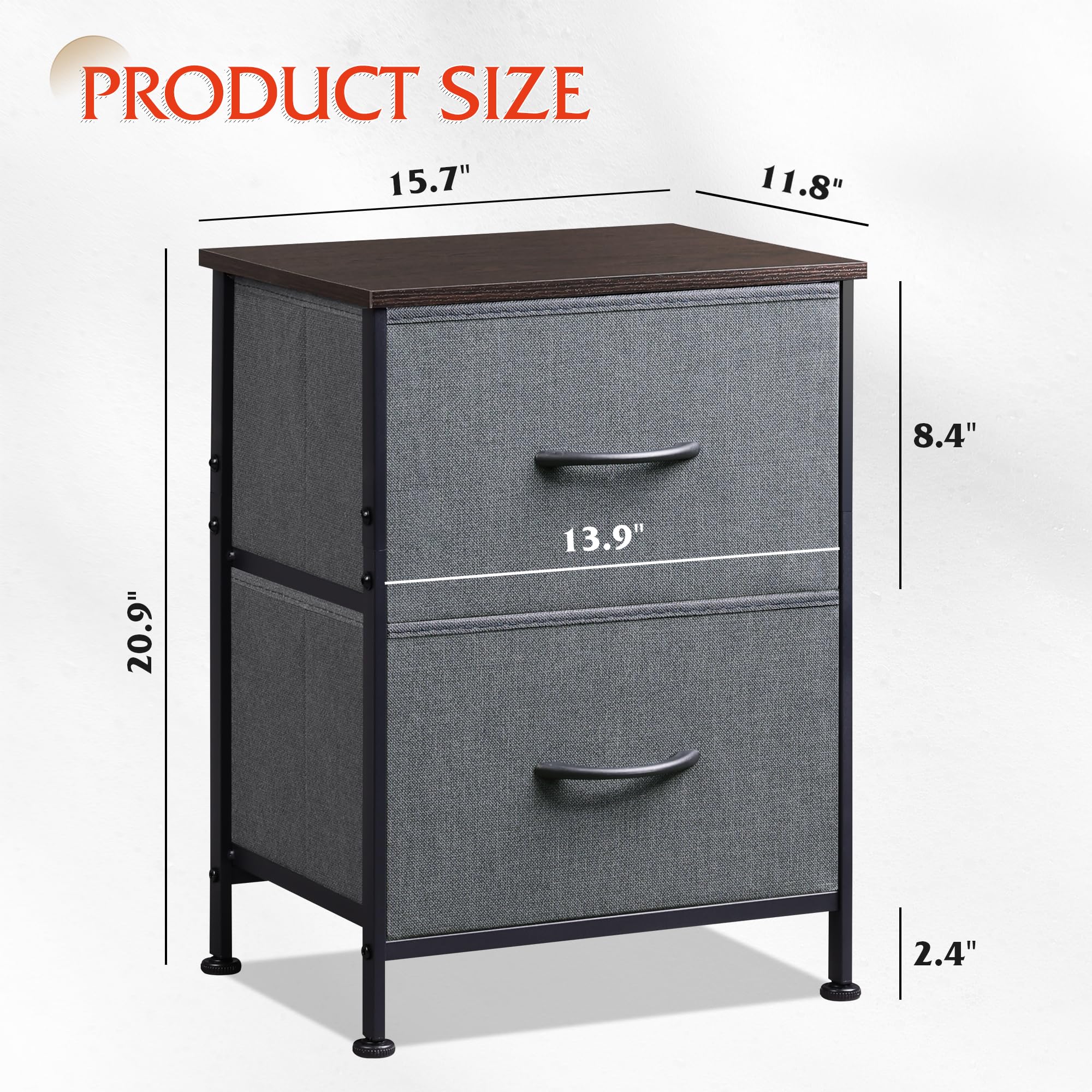 WLIVE Night Stand Set of 2 - Modern Bedside Tables with 2 Drawers & Fabric Bins, Dark Grey Dresser for Bedroom, College Dorm, Apartment - Perfect for Storage & Organization by Your Bed or in Closet