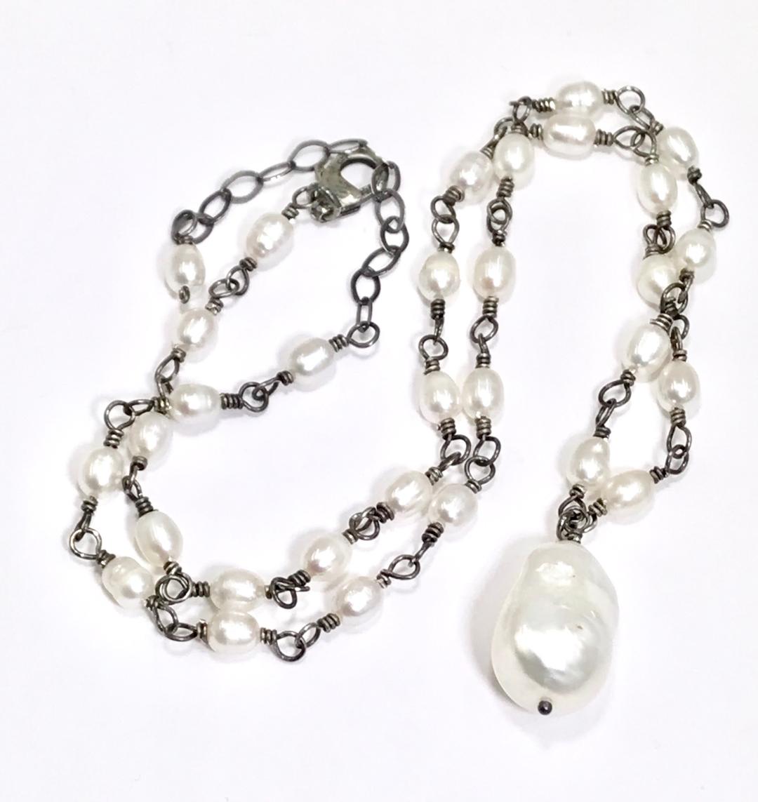 Elegant Baroque Pearl Necklace - Wire Wrapped Rosary Style Oxidized Sterling Silver Jewelry for Women | Perfect for Weddings, Parties & Special Occasions