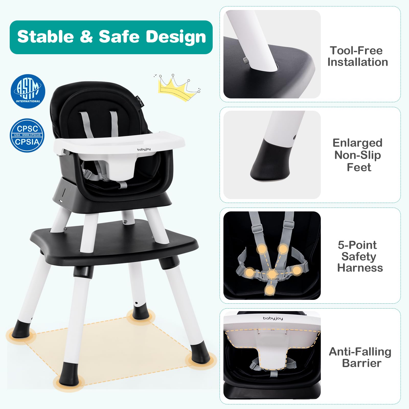 BABY JOY 8-in-1 Convertible Baby High Chair with Safety Harness - Toddler Booster Seat, Dining Chair & Building Block Table - Adjustable Height, Removable Tray (Black) - Perfect for Feeding, Playtime & Learning Activities at Home