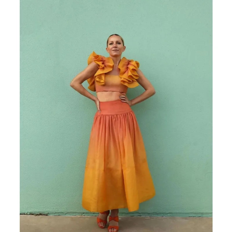 Trendy Y2K Women's Two Piece Set - Sexy Ruffle Crop Top & High Waist Colorful Long Skirt Outfit | Boho Vacation Clothes for Beach, Party & Summer Fashion