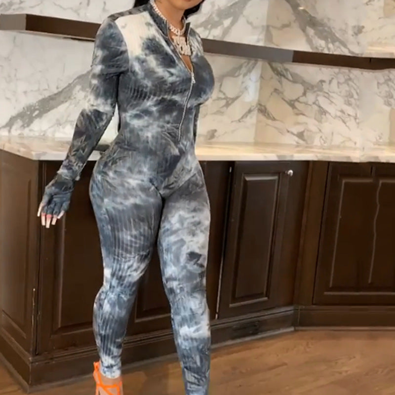 2025 Women's Summer Tie-Dye Printed High-Waist Zipper Jumpsuit - Sexy Tight Hip Lift Bodysuit for Night Out & Beach Party