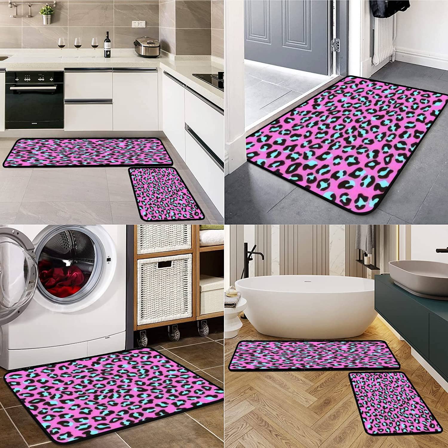 Leopard Print Non-Slip Kitchen Rugs Set - Washable Floor Mat for Kitchen & Bathroom Decor