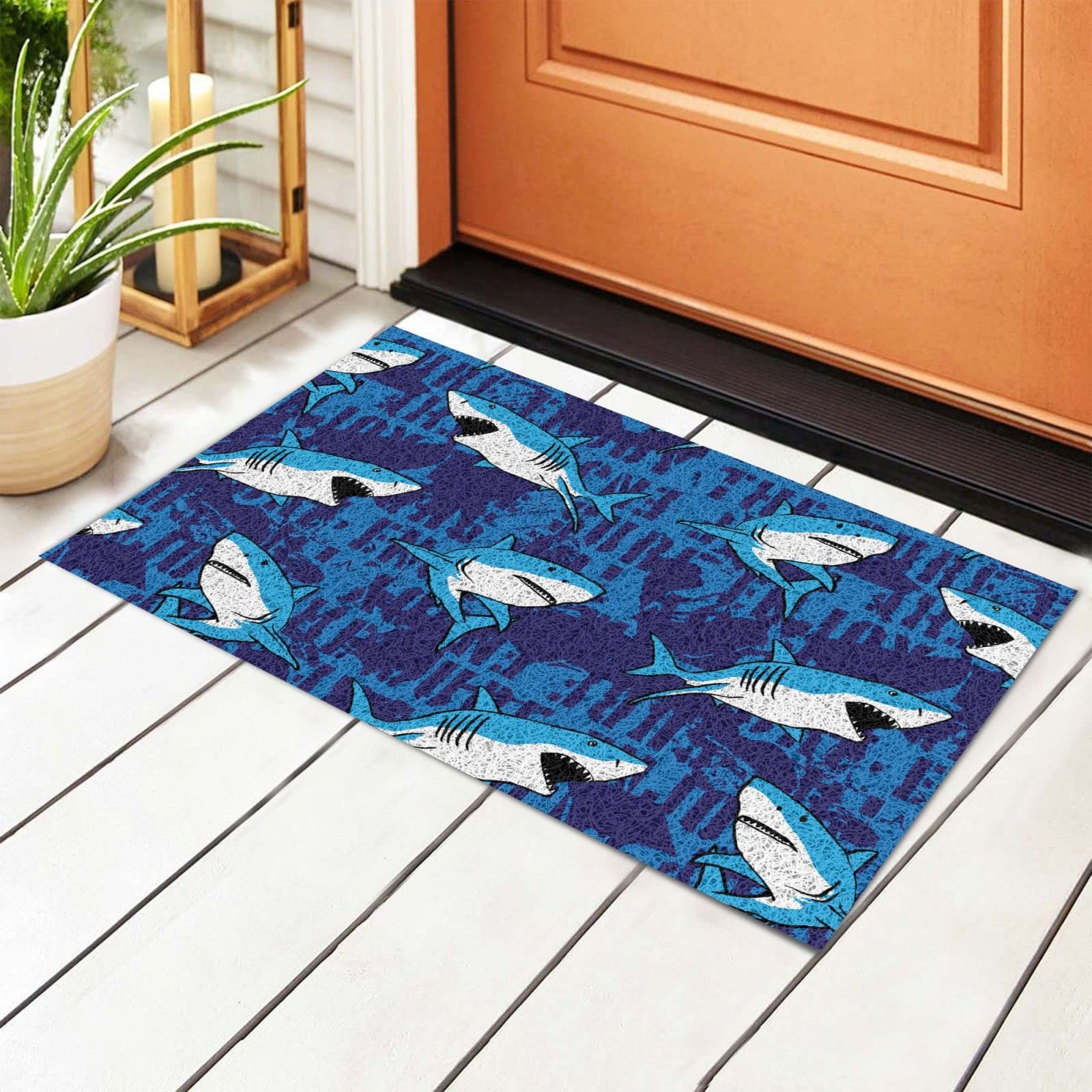 BoeHiop Blue Shark Welcome Non-Slip Absorbent Door Mat - Personalized Front Door Rug for Indoor & Outdoor Use - Perfect for Home Entryway, Patio, and Porch Decor