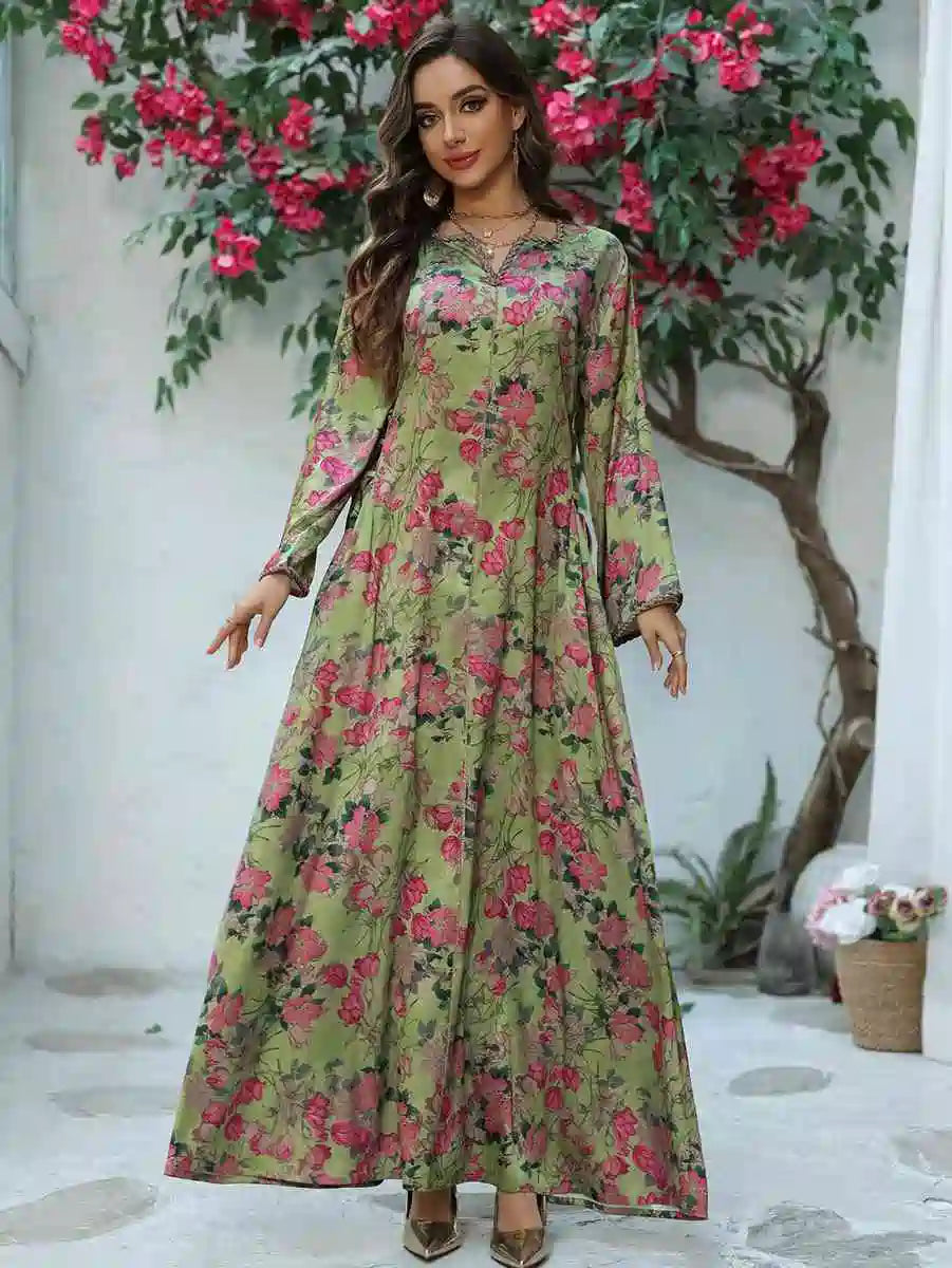 Elegant Eid Printed Hotfix Rhinestone Caftan Dress for Women - Perfect for Celebrations, Parties & Special Occasions | Stunning Embellished Kaftan for Festive Events & Holiday Gatherings