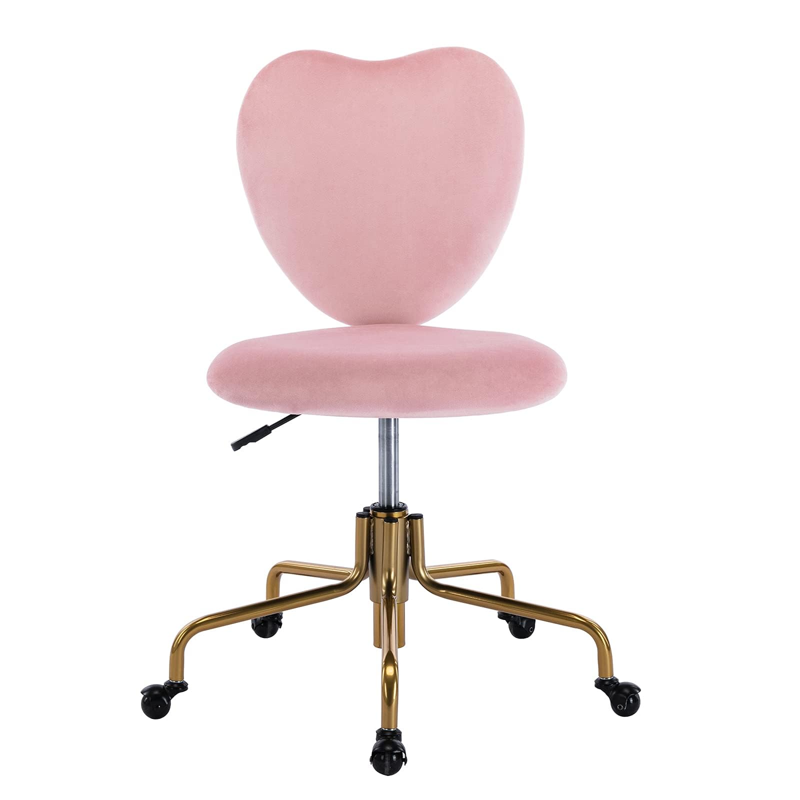 Velvet Pink Heart-Shaped Desk Chair with Wheels - Adjustable Height Swivel Office Chair, Armless Upholstered Vanity Chair for Home & Office - Perfect for Study, Workstation, Dressing Table and Bedroom Decor