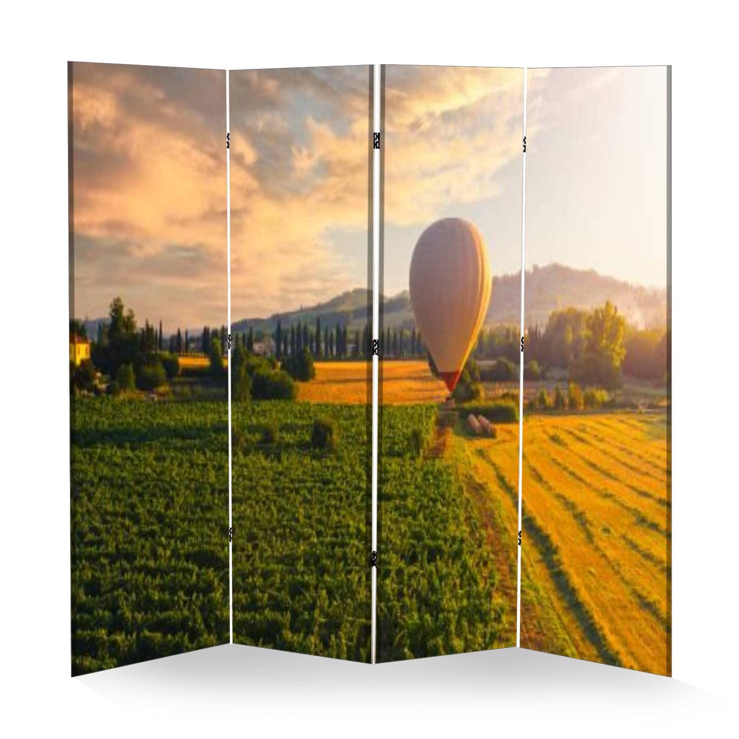 4 Panel Folding Room Divider - Aerial Drone View Hot Air Balloon Flying Over Scenic Fields | Portable Privacy Screen, Freestanding Wall Separator for Home, Office & Event Spaces