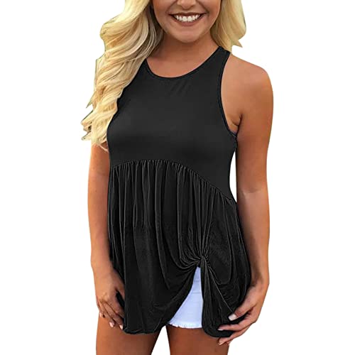Women's Casual Round Neck Loose Fit Ruffled Twist Blouse Tank Top - Summer Solid Color Splicing T-Shirt (Black, Medium) | Perfect for Beach Outings, Vacation Wear & Everyday Comfort