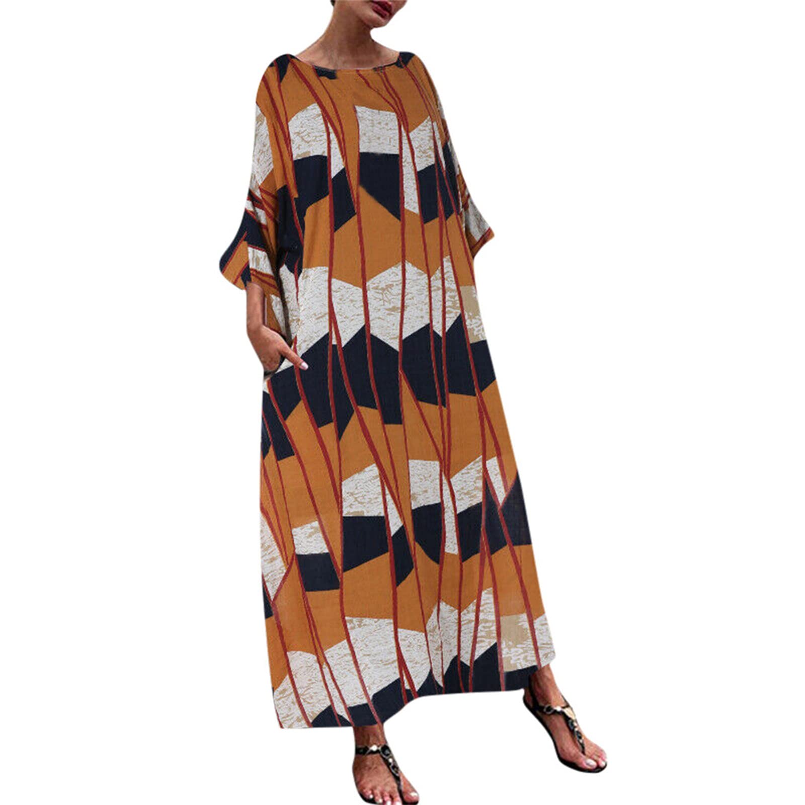 Women's Plus Size Summer Maxi Dress - Casual Loose Fit Cotton Linen Blend Floral Print Long Dress (Yellow, XXXL) for Beach Vacation, Outdoor Picnic & Boho Style Fashion