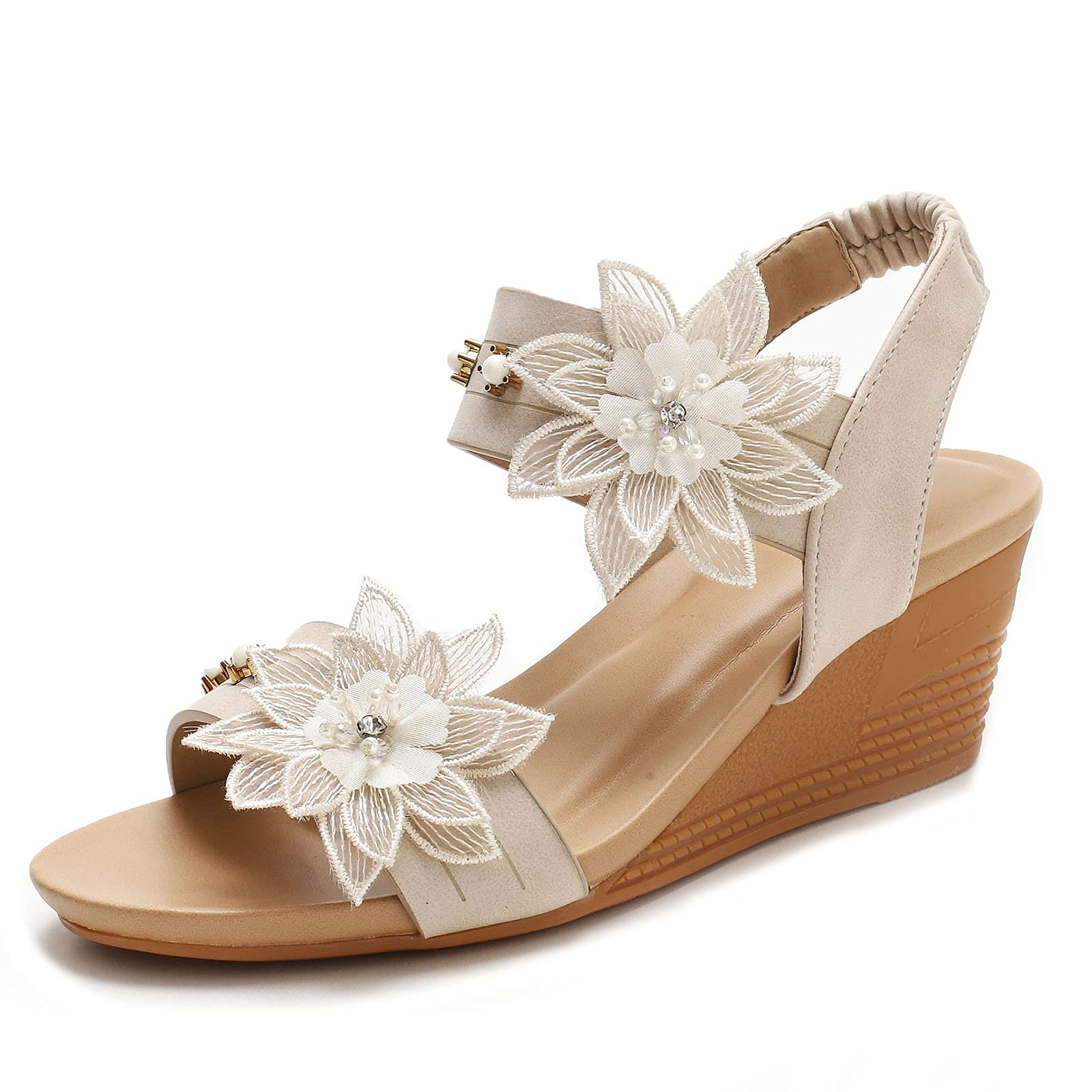 Women's Saralris Wedge Sandals - Peep Toe Cutout Design with Rhinestones, Comfortable Mid Heel for Beach, Vacation & Summer Outfits | Breathable Fashion Sandals for Casual Wear