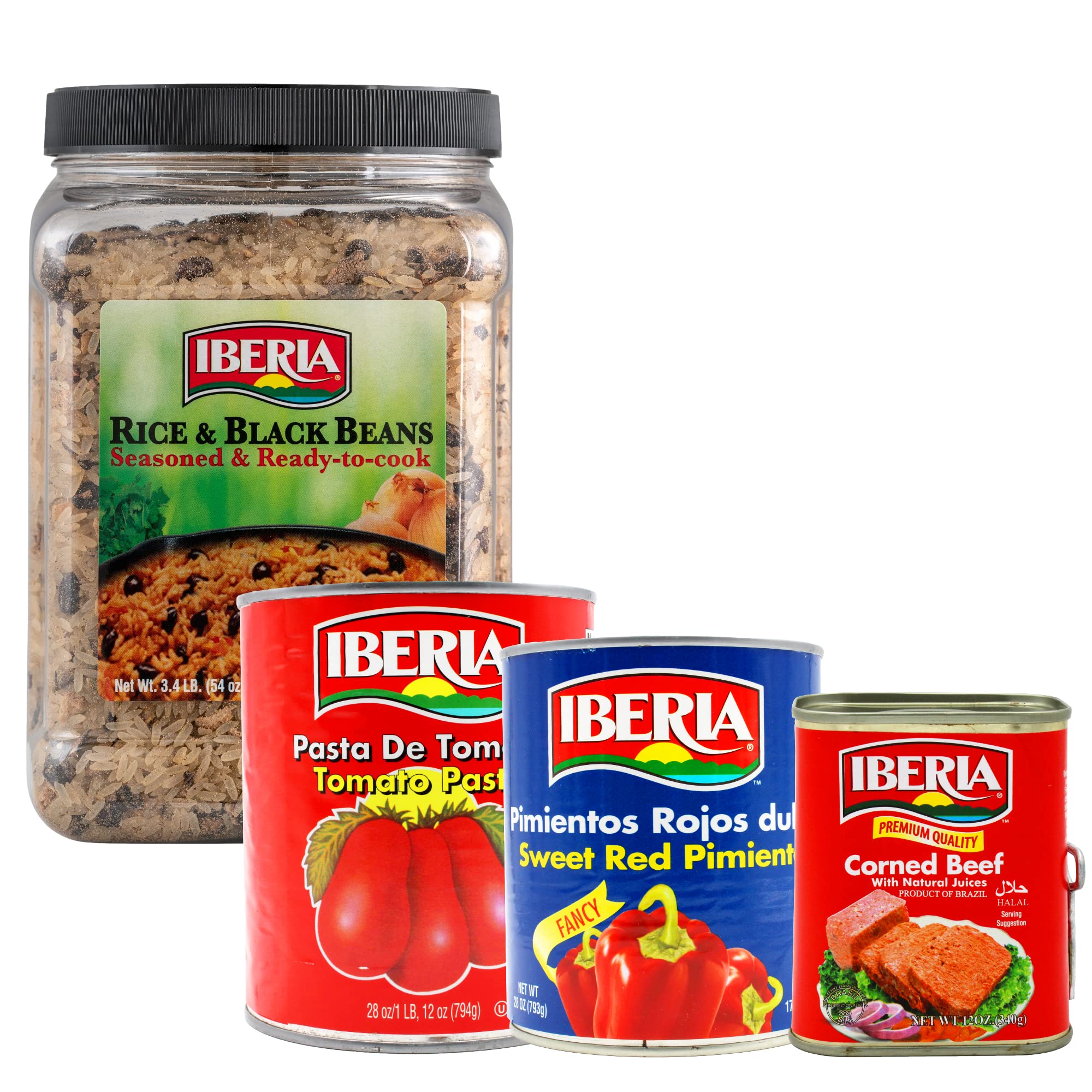 Iberia Sweet Red Pimientos 27.5 oz, Tomato Paste 28 oz, Corned Beef 12 oz, Rice & Black Beans 3.4 lb - Spanish Pantry Essentials for Cooking, Meal Prep & Latin Recipes