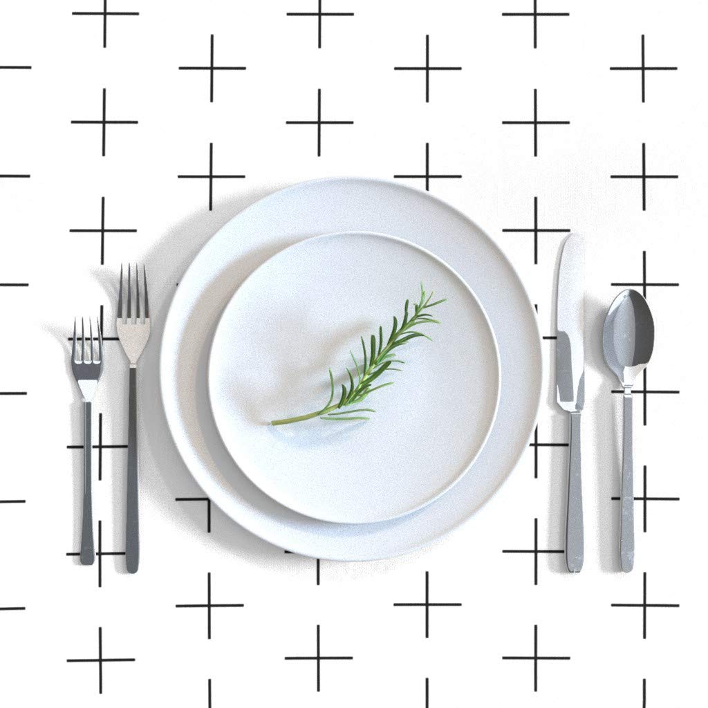Custom Thin Line Swiss Cross Black White Geometric Minimalist Cotton Sateen Tablecloth 70x144 Inches - Gender Neutral Nursery Decor, Dining Table Cover for Parties & Everyday Use