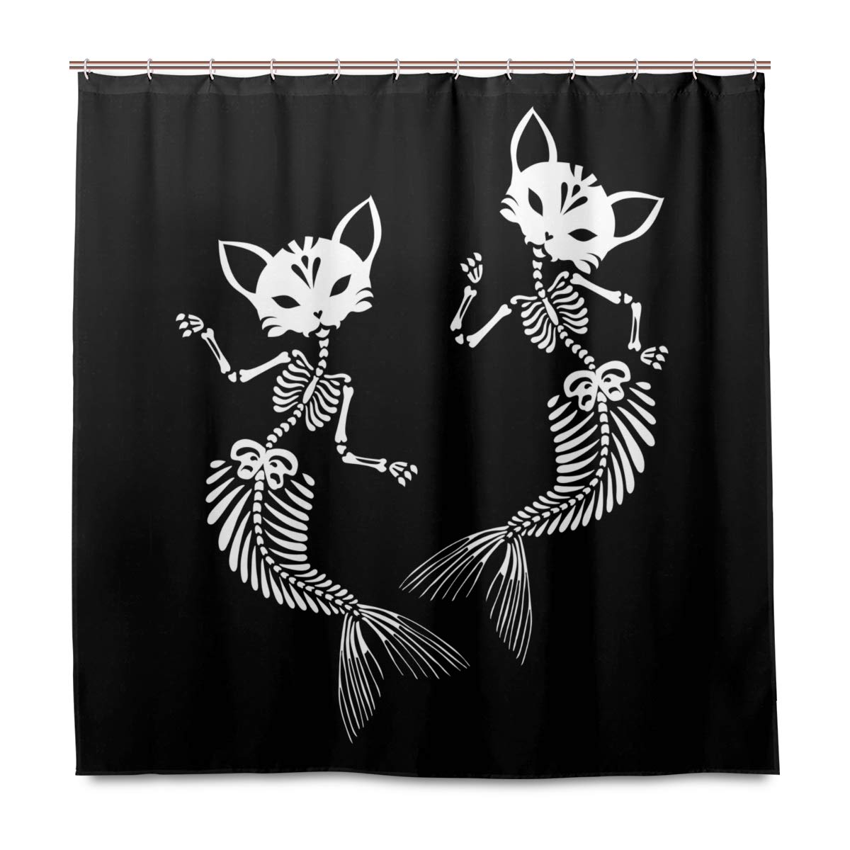 ZZAEO Halloween Cats Mermaids Skeletons Shower Curtain - 72x72 Inch Waterproof Polyester Bathroom Decor with Hooks - Spooky Halloween Bathroom Decor for Party & Home Decoration