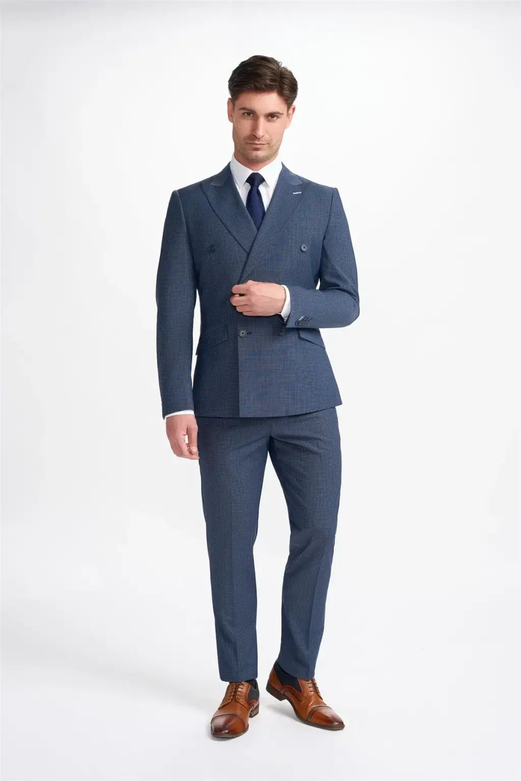 Cavani Bond Navy Check Double Breasted Blazer for Men - Premium Wool Formal Suit Jacket - Perfect for Business Meetings, Weddings & Office Wear