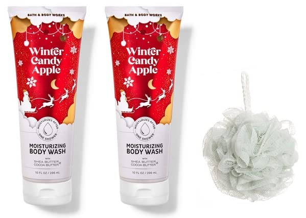 Bath & Body Works Winter Candy Apple Moisturizing Body Wash - Pack of 2 with Free Shower Sponge | Hydrating & Scented Shower Gel for Dry Skin | Perfect for Winter Skincare & Gift Giving
