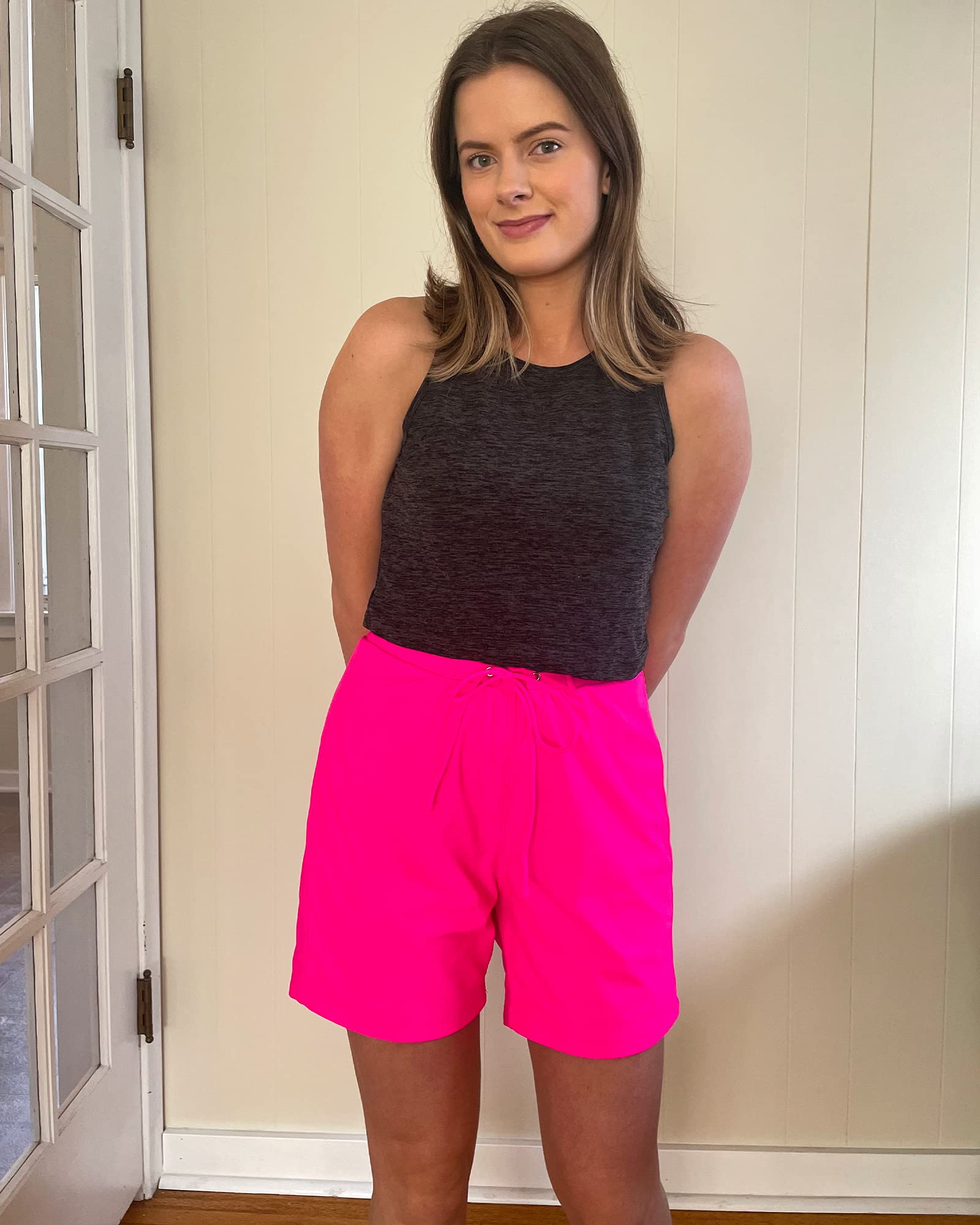 Stylish Women's Mid Waist Swim Shorts - Elastic Waist with Lace Up Detail - Long Board Shorts for Swimming & Beach Activities
