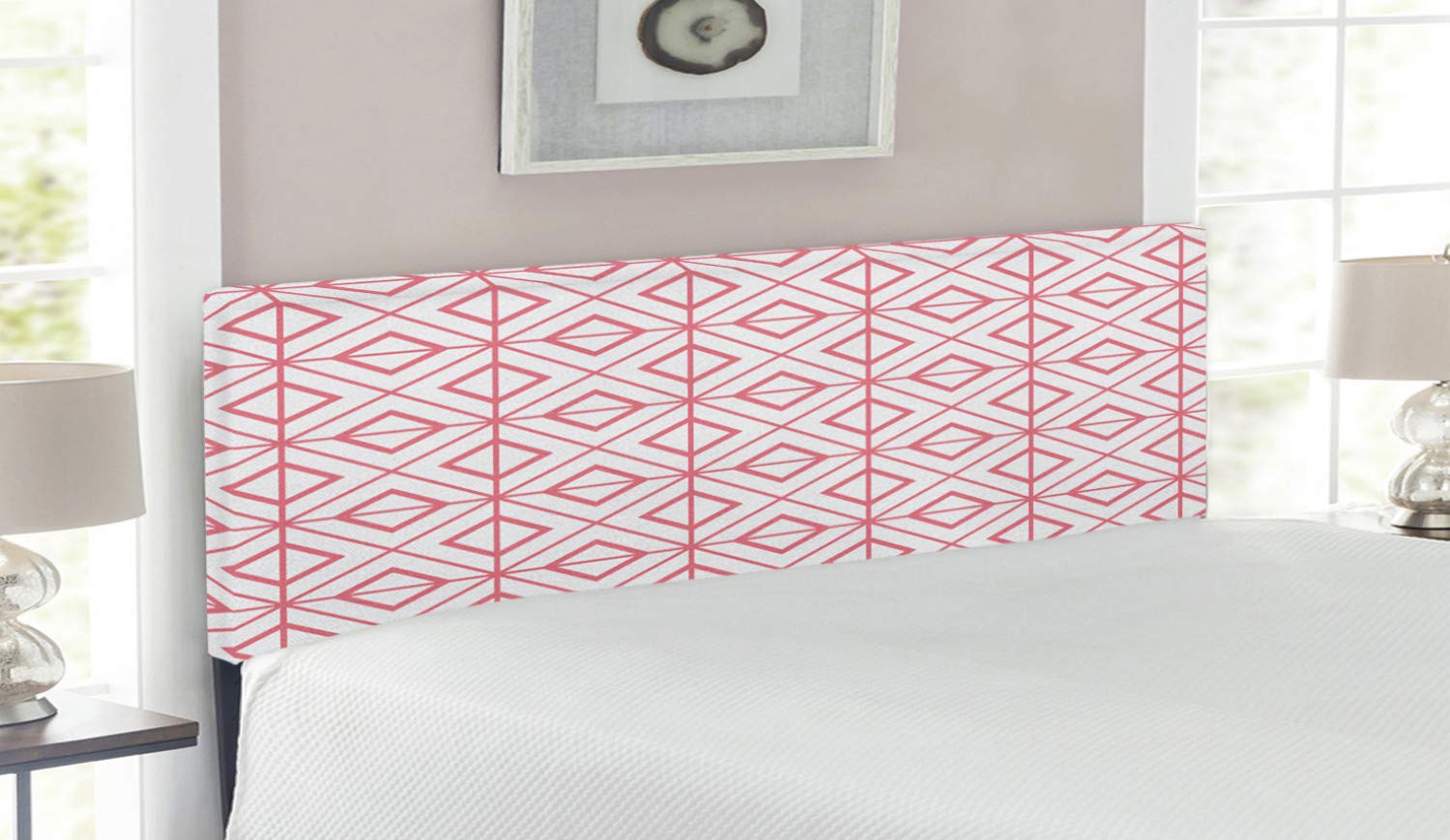 Vintage Retro Geometric Print Upholstered Headboard with Memory Foam - Pink & White Queen Size Bed Headboard for Modern Bedroom Decor | Ambesonne
