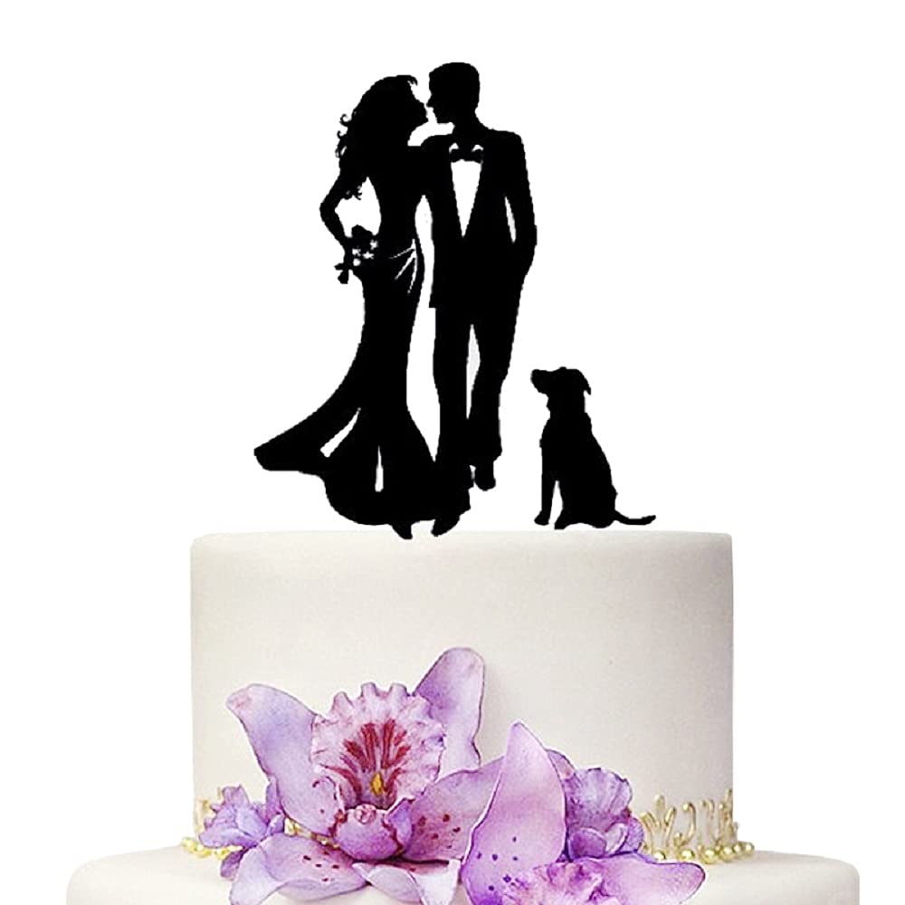 Elegant Black Silhouette Wedding Cake Topper - Bride, Groom & Pet Dog | Personalized Cake Decoration for Weddings, Anniversaries & Romantic Celebrations