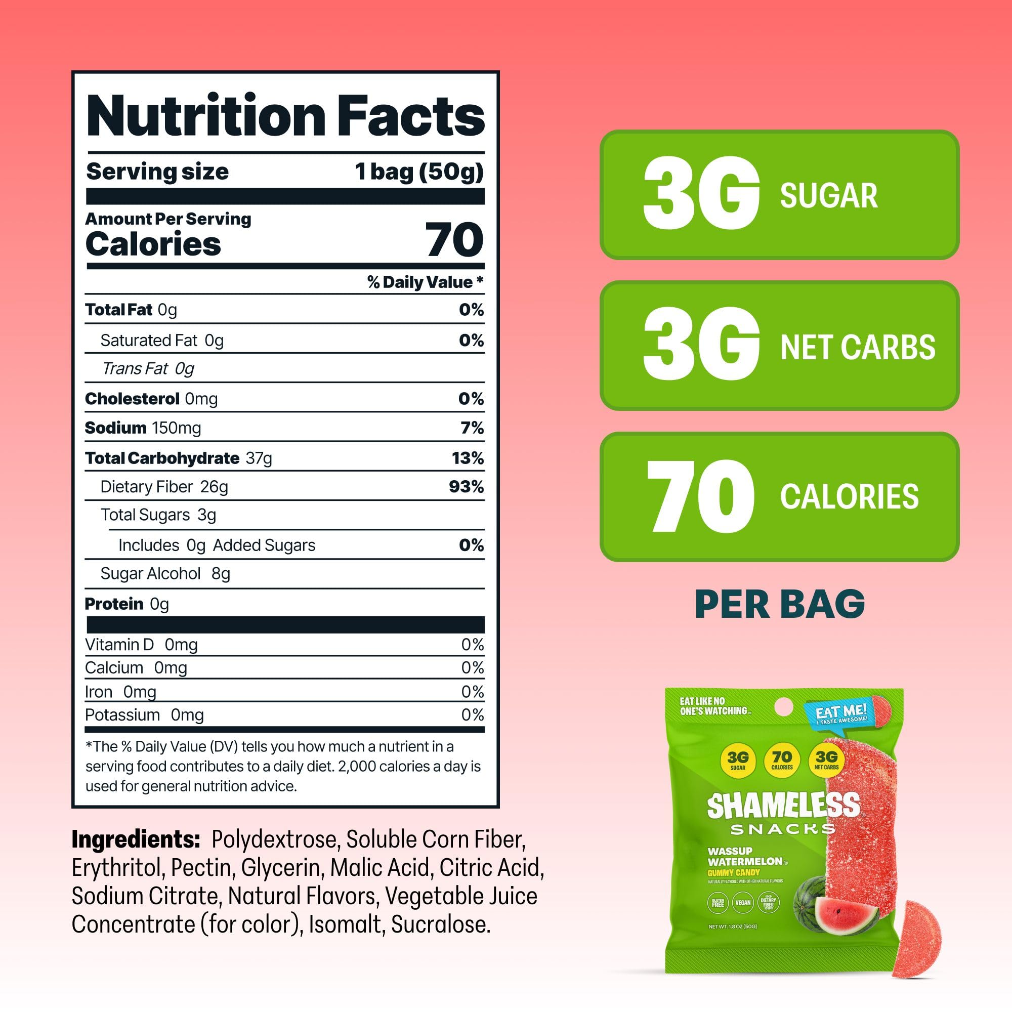Shameless Snacks - Healthy Low Calorie Keto Gummies, Sugar Free & Gluten Free Candy - 6 Pack Wassup Watermelon Flavor | Perfect for Weight Loss, Keto Diet & On-the-Go Snacking