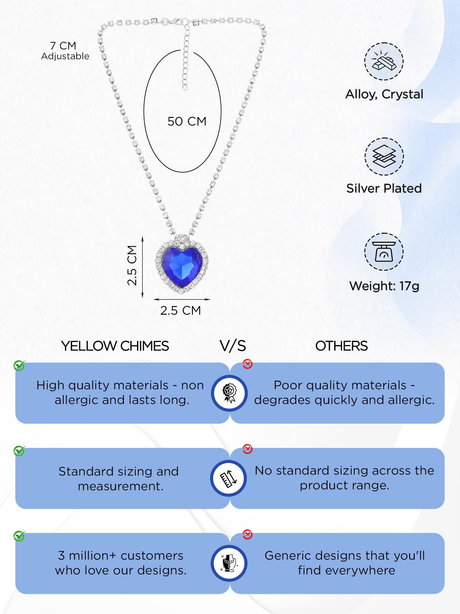 Blue Ocean Heart Austrian Crystal Pendant Necklace with Studded Chain for Women & Girls - Elegant Yellow Chimes Jewelry Gift for Birthday, Anniversary & Special Occasions
