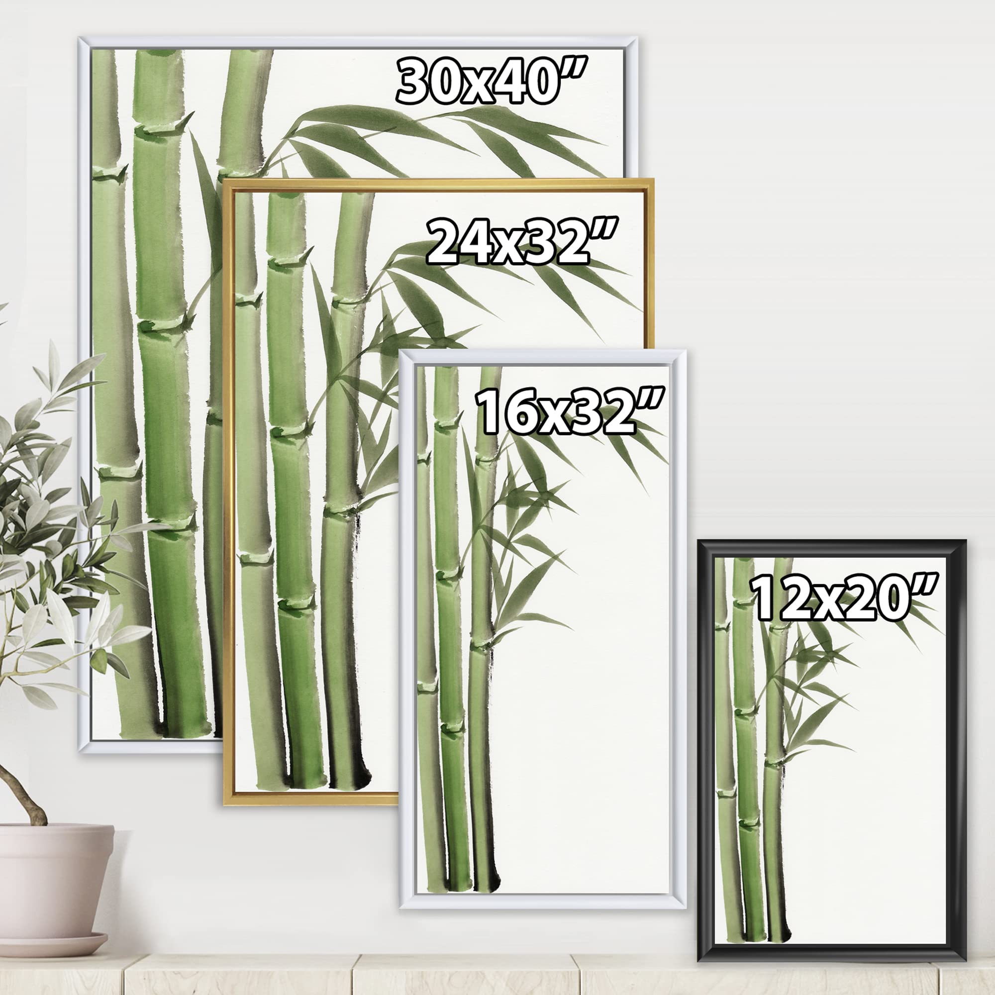 Dark Green Bamboo IV - Traditional Framed Canvas Wall Art Print for Home & Office Decor | Asian Inspired Nature Painting | Living Room, Bedroom, Study Wall Decor