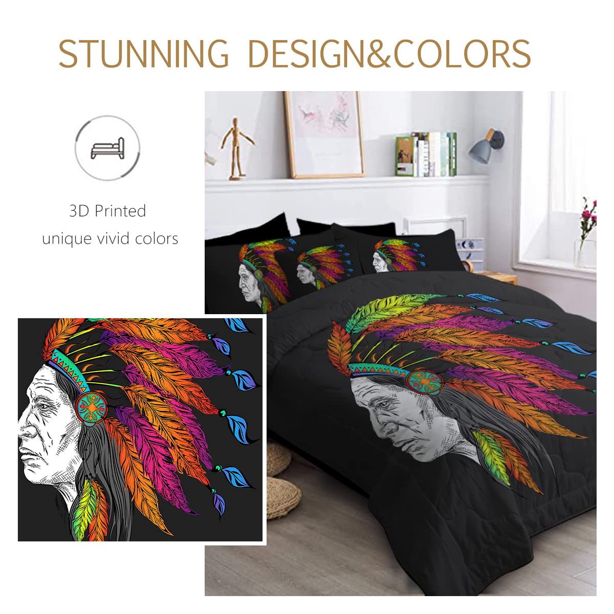 BlessLiving Native American King Comforter Set - 8 Piece Indian Chief Bedding Set with Comforter & Sheets in Black & Colorful Feather Design | Perfect for Southwest, Bohemian & Tribal Themed Bedrooms