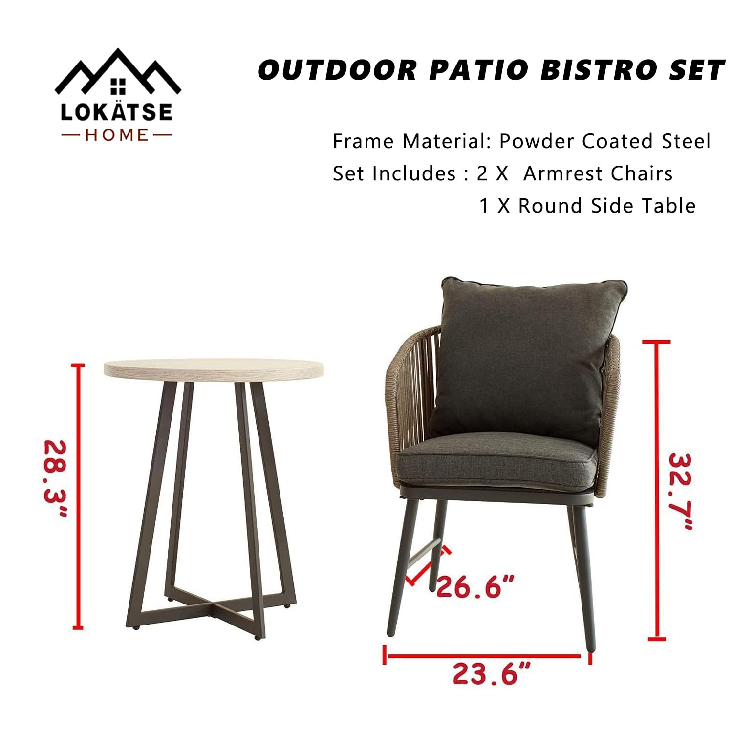 LOKATSE HOME 3-Piece Outdoor Patio Rattan Wicker Bistro Set with Table - Grey Balcony Furniture for Porch, Garden, Poolside & Backyard Relaxation