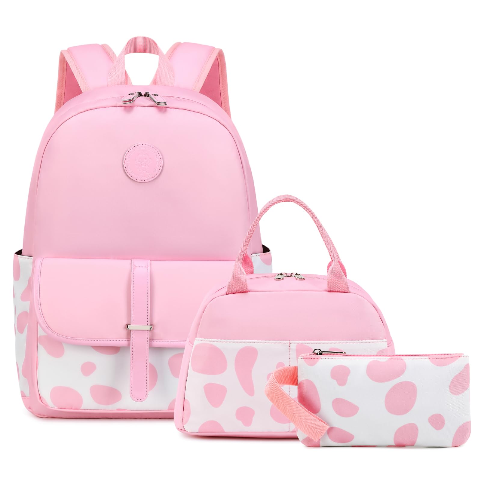 **Sunborls Cute Cow Print Backpack Set for Teen Girls - Includes Lunch Bag & Pencil Case - School Bookbag, Daypack & Travel Laptop Backpack (Pink) - Perfect for School, College, Work & Travel**